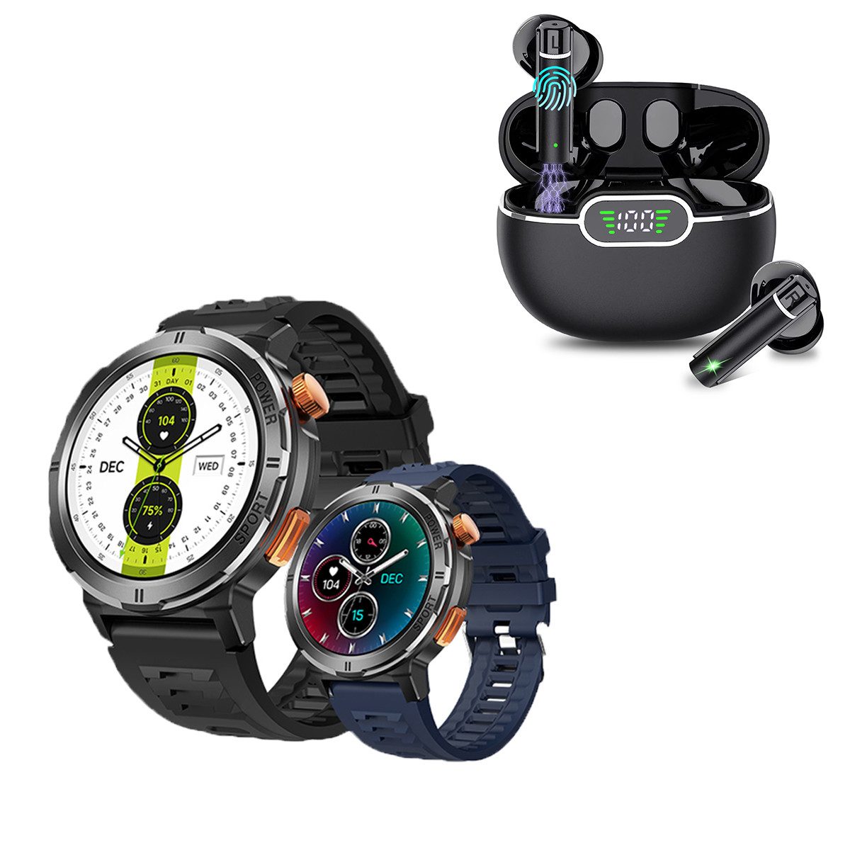 HYIEAR Smartwatch Herren- und Damen OLED 1,39 Zoll, Bluetooth-Headset 5.3 Smartwatch (Android), mit austauschbaren Armbändern, Ladekabeln Drei Paar Ohrstöpsel x, Sportarmband
