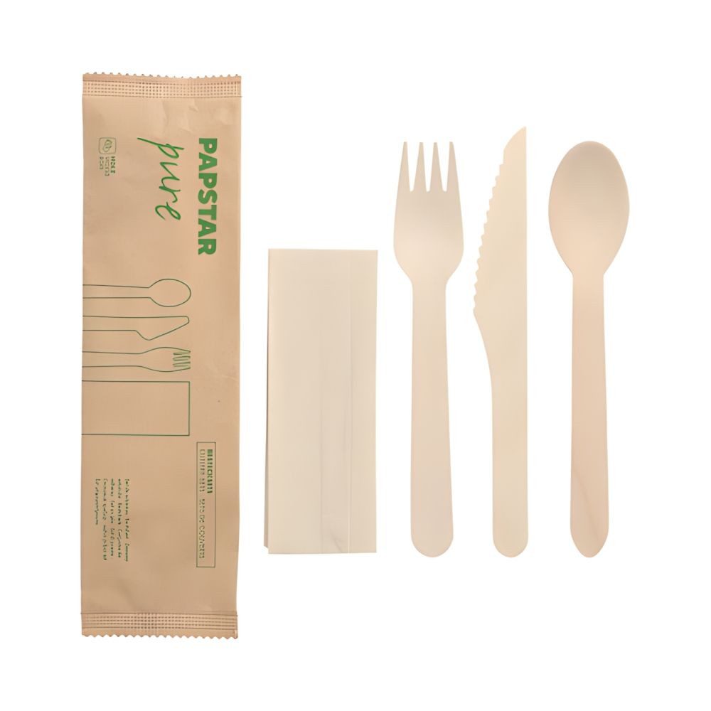 PAPSTAR Einweglöffel 50 x Bestecksets Holz : Messer Gabel Löffel Serviette in Papierbeutel