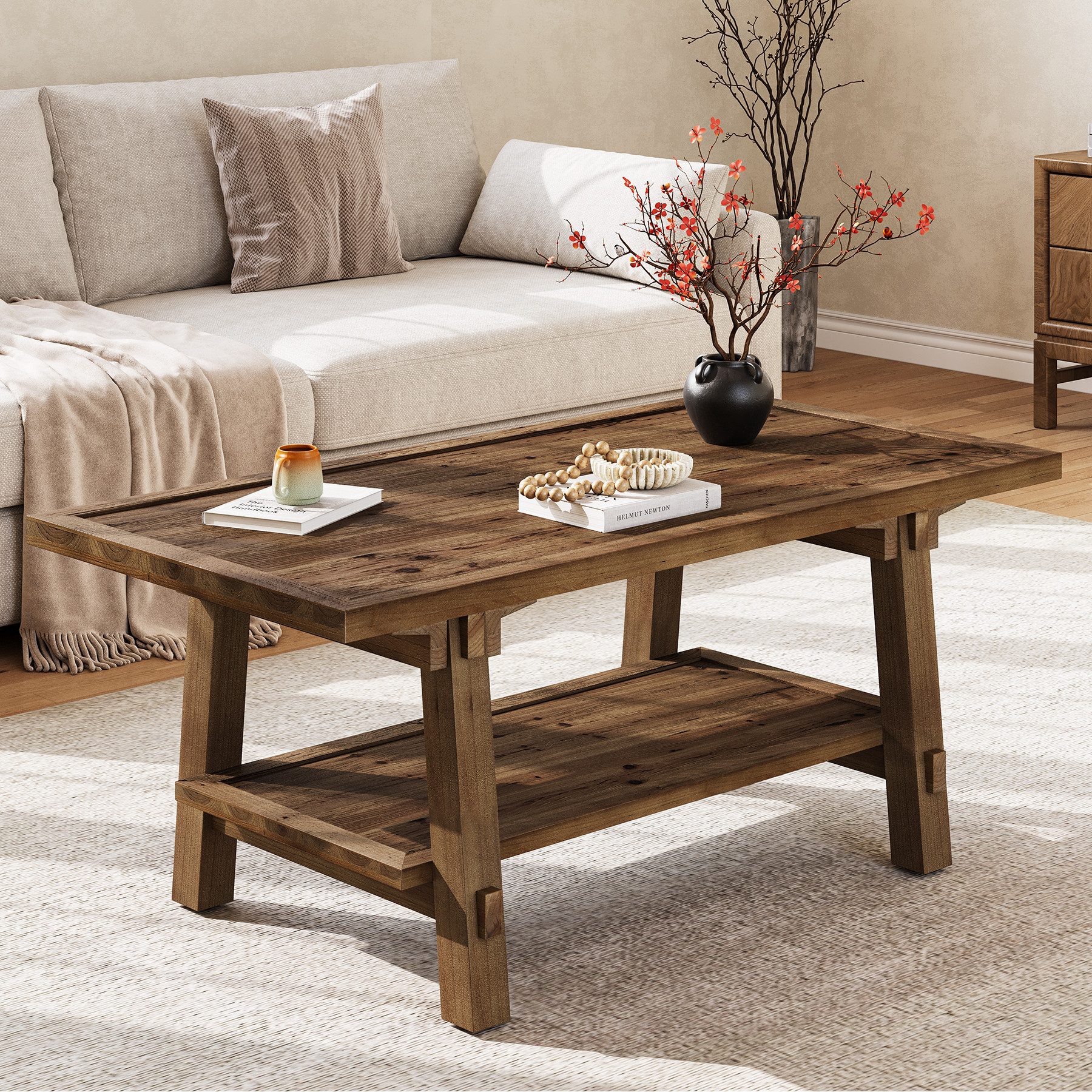 Couchtisch 120 cm rechteckiger Sofatisch mit 2 Ebenen, Beistelltisch mit Stauraum