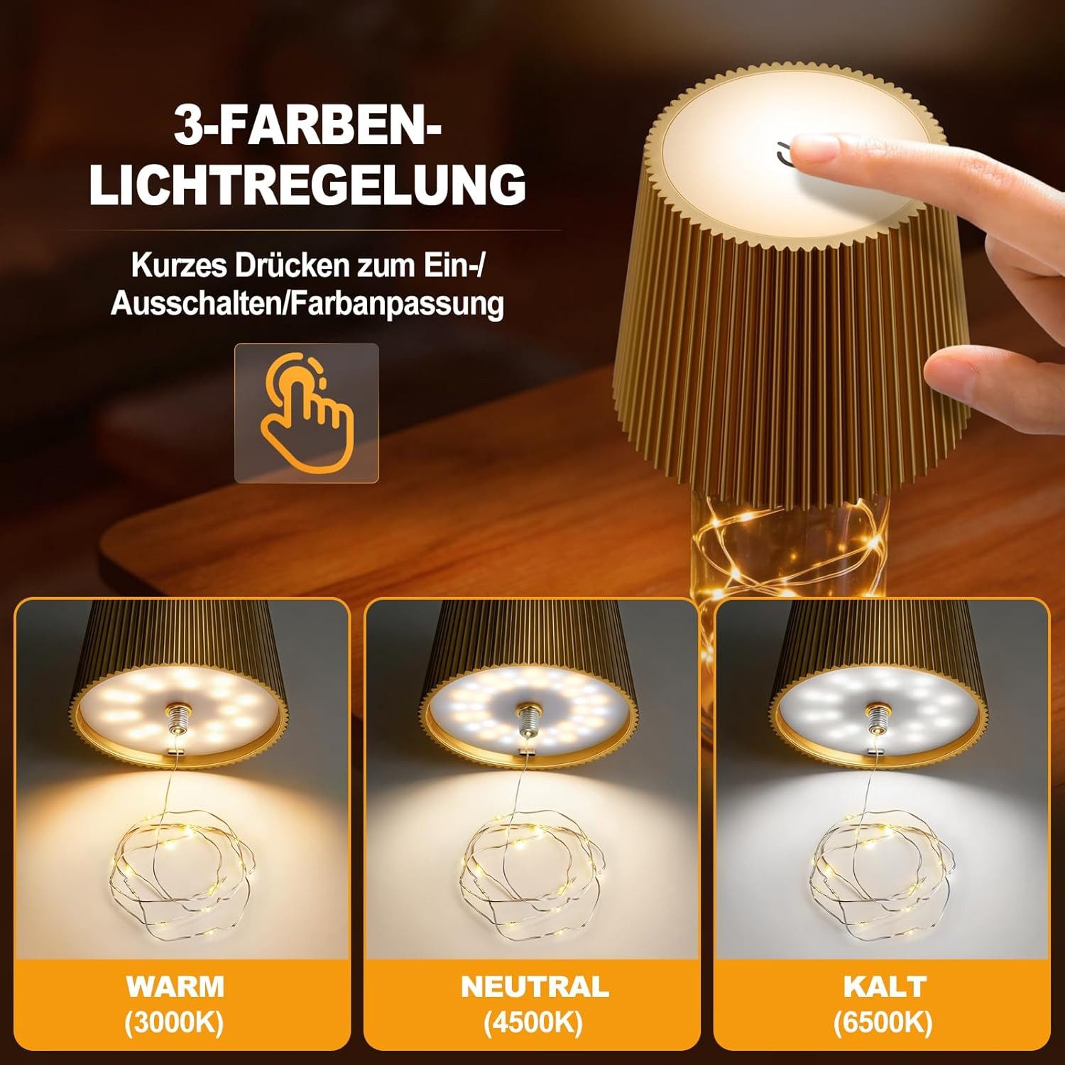 LaCute LED Dekoobjekt LED Flaschenlampe USB-C Akku Tischleuchte mit Lichterkette Gold, LED fest integriert, Kaltweiß (6000 K), Warmweiß (3000 K), Neutralweiß (4500 K), 3 Lichtfarben, stufenlos dimmbar, USB-C aufladbar LED-Lichterkette