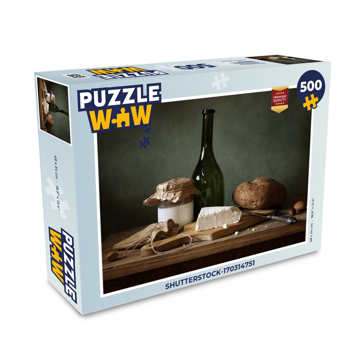 MuchoWow Puzzle Rustikal - Brie - Stillleben - Flasche - Brot, 500 Puzzleteile, Foto-Puzzle, Bilderrätsel, Puzzlespiele, Spielzeug