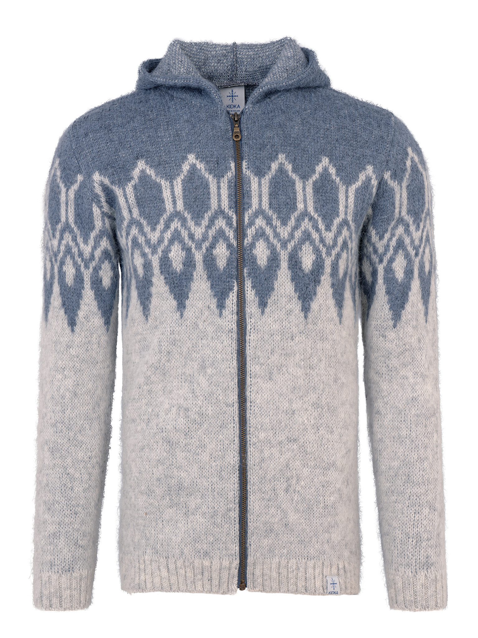 KIDKA Norwegerpullover - Kapuzen-Strickjacke für Damen / Herren - Farbe hellgrau-eisblau - aus rauer isländischer Wolle