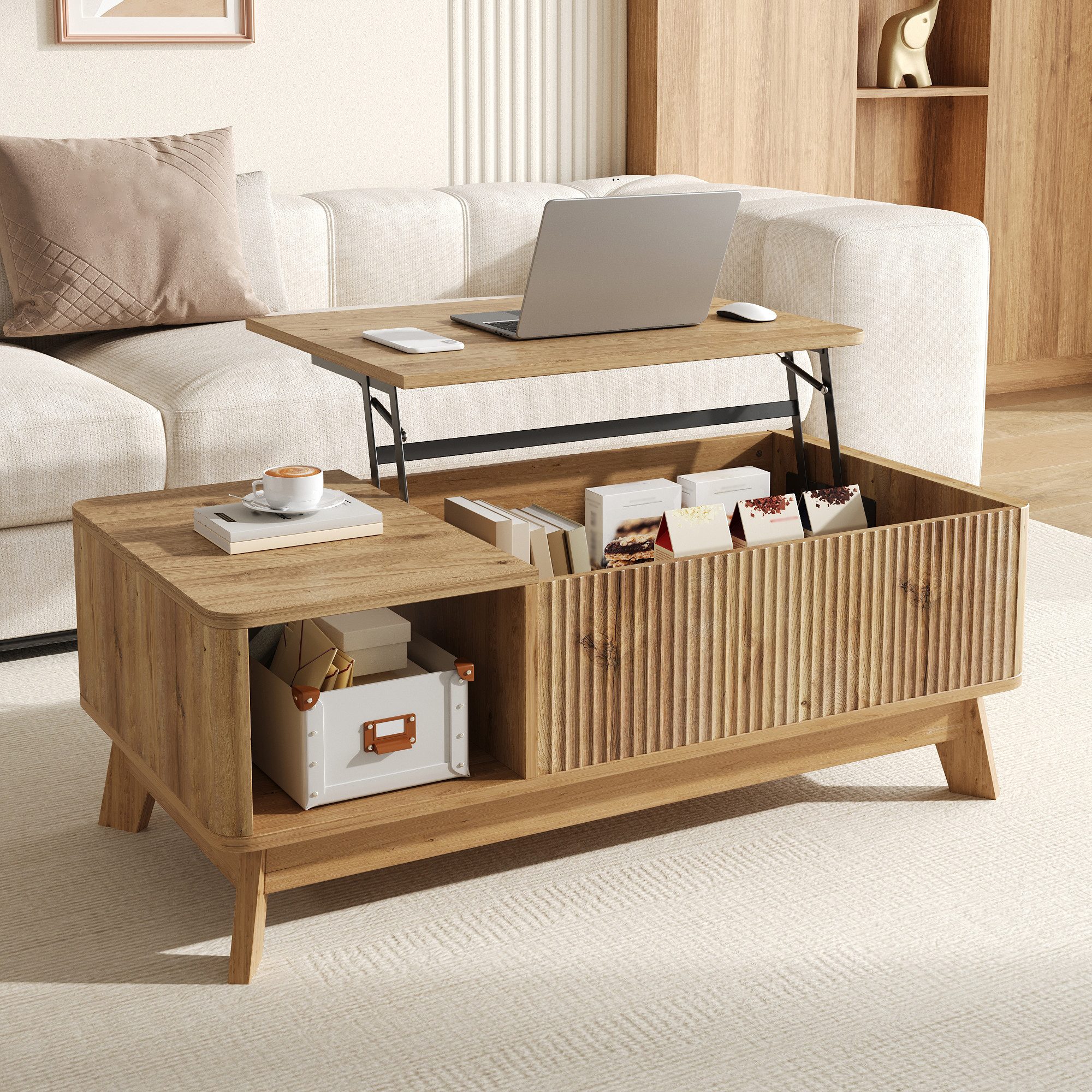 HAUSS SPOLE Couchtisch mit Hubfunktion,Couchtisch Sofatisch mit verstecktem Stauraum,Natur, Höhenverstellbare Tischplatte flexibel nutzbar