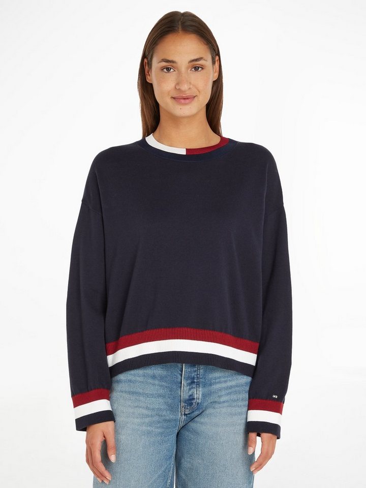 Tommy Hilfiger Rundhalspullover GS CO C-NK SWEATER mit Global Stripe an den  Bündchen