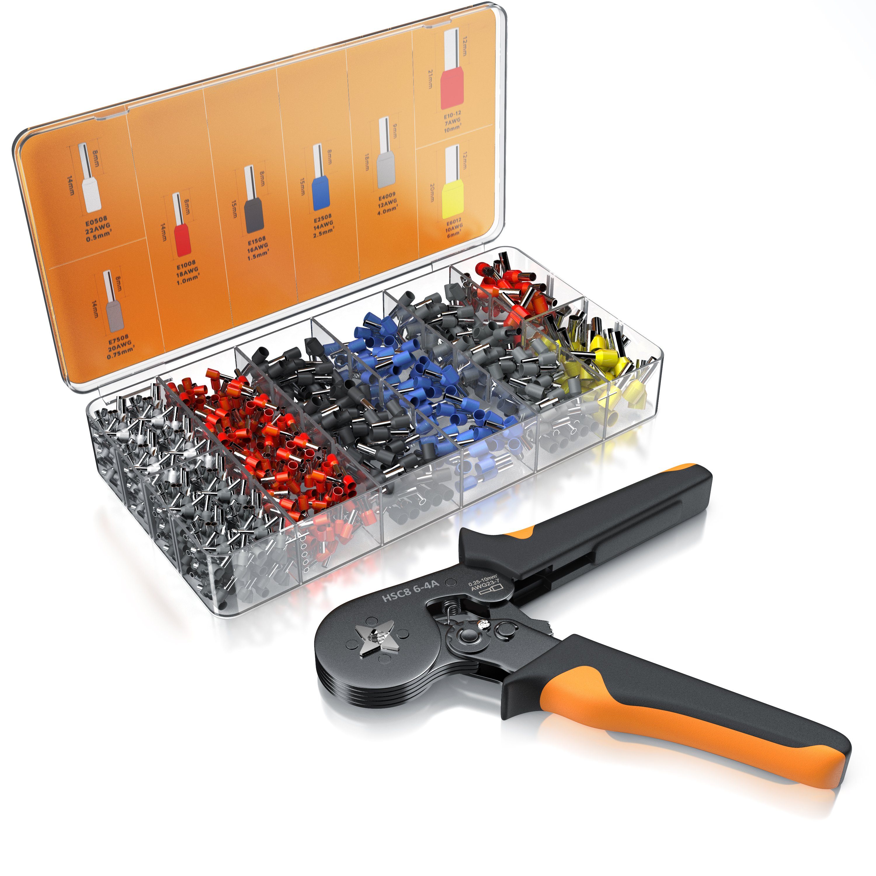 Brandson Abisolierzange Crimpzange Set mit 1200 Aderendhülsen, 1-tlg., Crimpzange mit 1200 Aderendhülsen, Aderendhülsenzange 0,25mm² – 10mm²