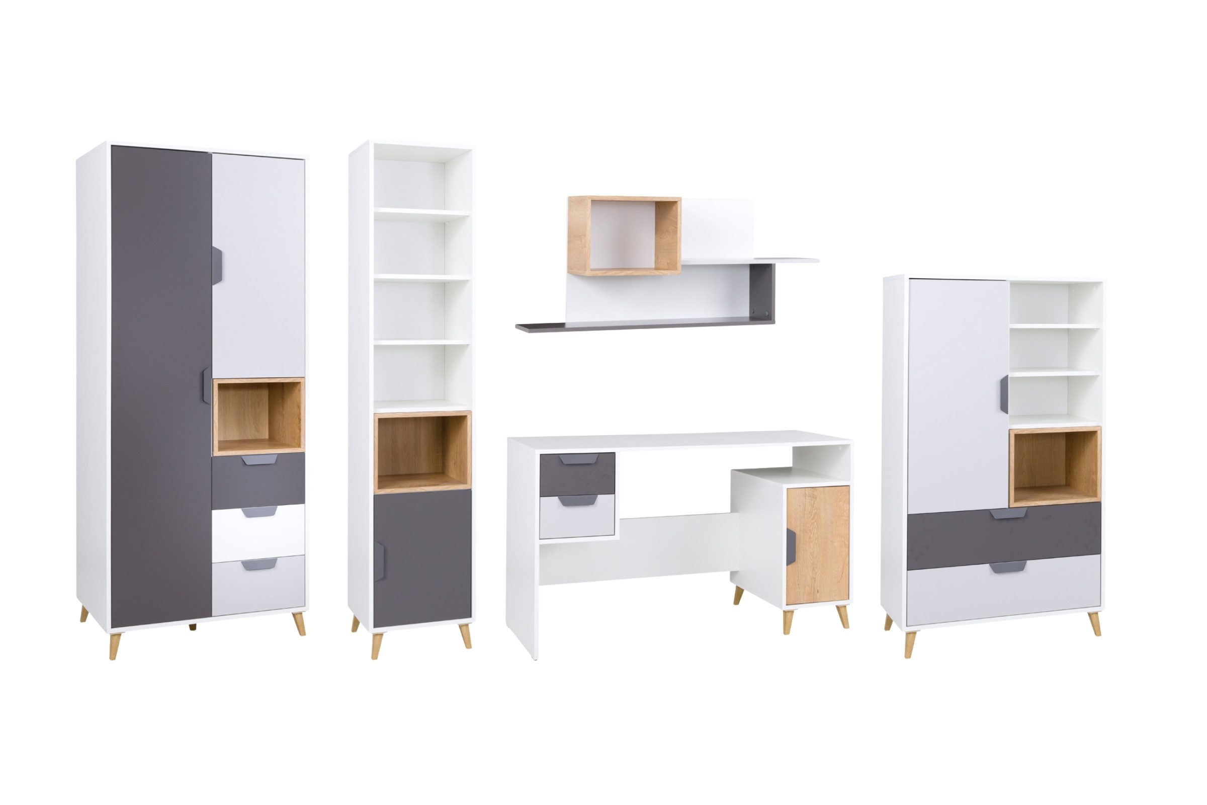 Deine Möbel 24 Jugendzimmer-Set JUSTIN A Kinderzimmer-Set in Weiß / Graphit / Grau / Eiche, (Kindermöbel Set, Jugendmöbel Set, 5-tlg., Erweiterbar mit weiteren Elementen der Möbelserie JUSTIN), Inklusive: Kleiderschrank, Regal, Schreibtisch, Kommode und H