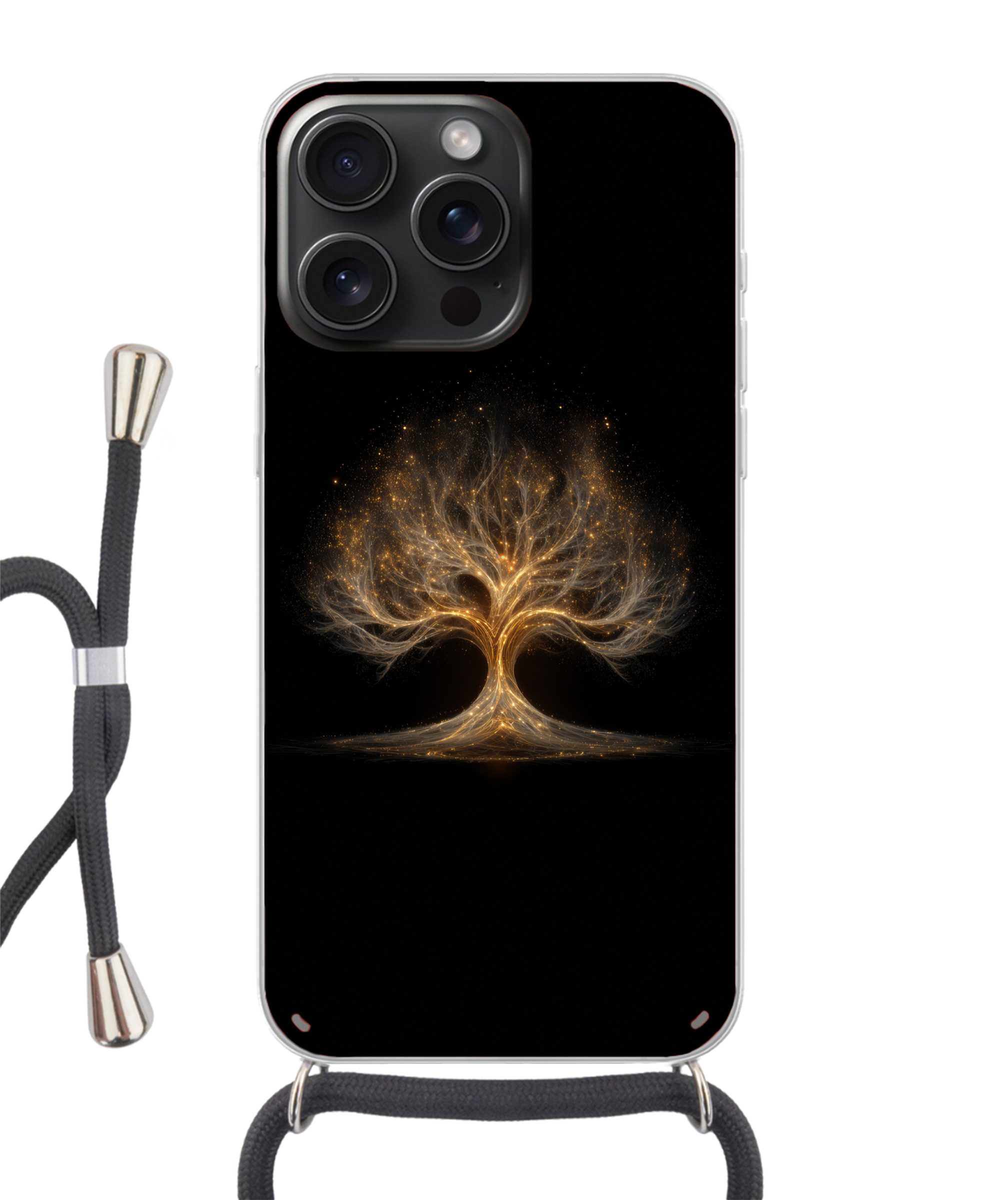 MuchoWow Handyhülle für Apple iPhone 15 Pro Lichter - Baum - Abstrakt - Schwarz, Tragbare Handyhüllen mit Kette zum umhängen, Handykette Handyband