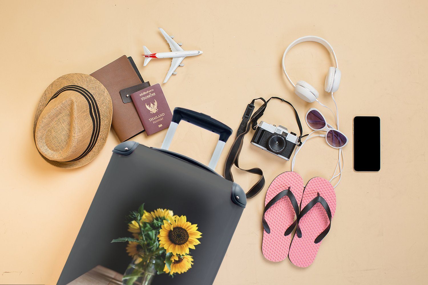 MuchoWow Handgepäckkoffer Blumen - Reisetasche Reisekoffer Handgepäck für Rollen, Ferien, Strauß, Sonnenblumen Trolley, mit 4 - rollen
