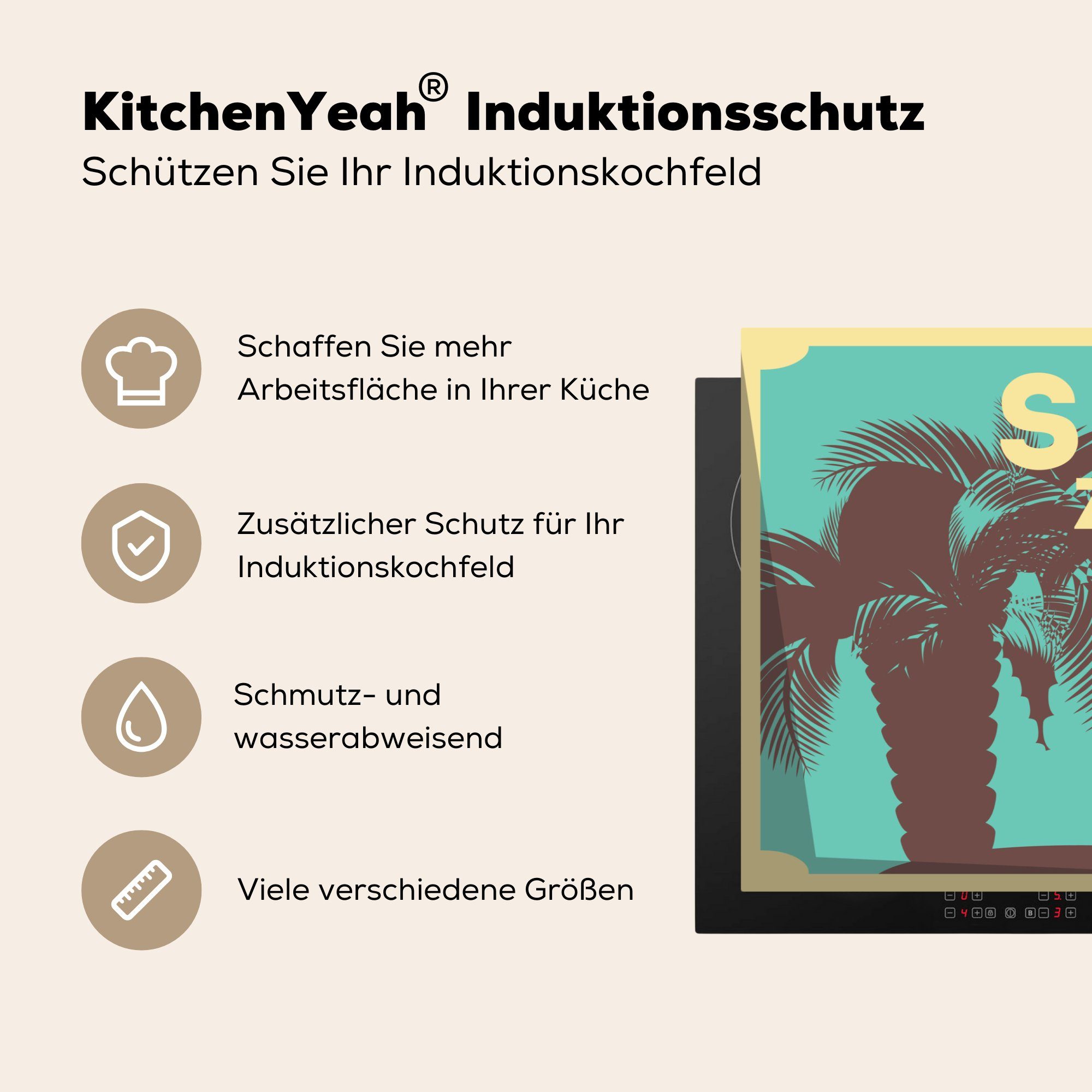 MuchoWow die Ceranfeldabdeckung Vinyl, für Illustration Herdblende-/Abdeckplatte (1 Schutz 81x52 Induktionskochfeld cm, in tlg), "Surfzone" küche, Türkis,