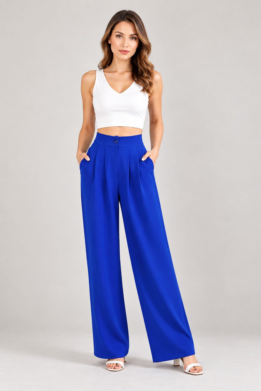 fashionshowcase Bundfaltenhose Damen Palazzohose High Waist – Weite Stoffhose mit Taschen Business & Casual Style