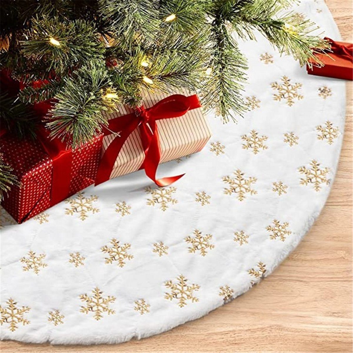 TUABUR mit silbernem Weißer Schneeflockendruck Plüsch-Weihnachtsbaumrock Weihnachtsbaumdecke