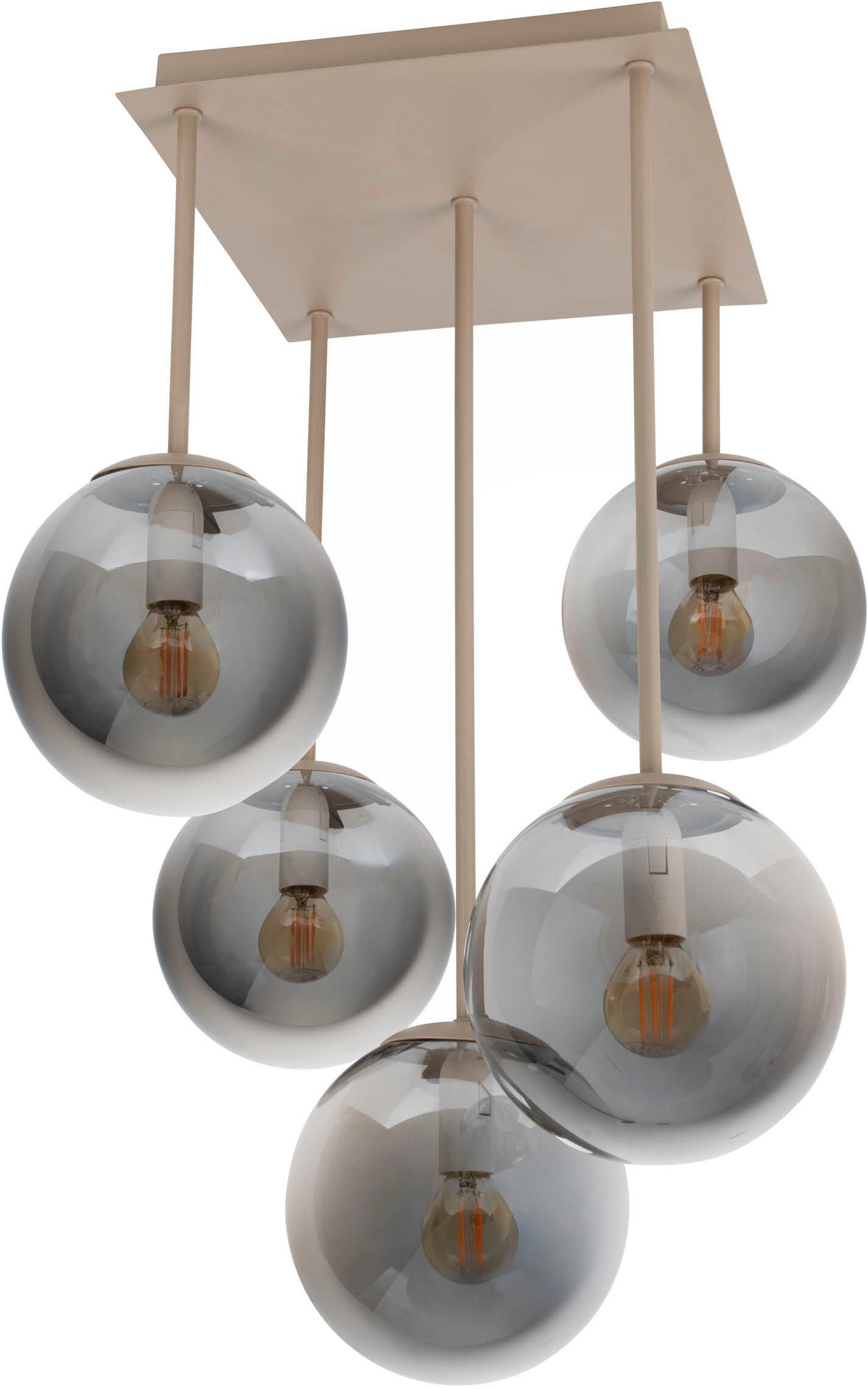 my home Pendelleuchte Nymölla, ohne Leuchtmittel, 5 Glaskugeln mit je 1x E14 exkl., Gestell eckig beige matt