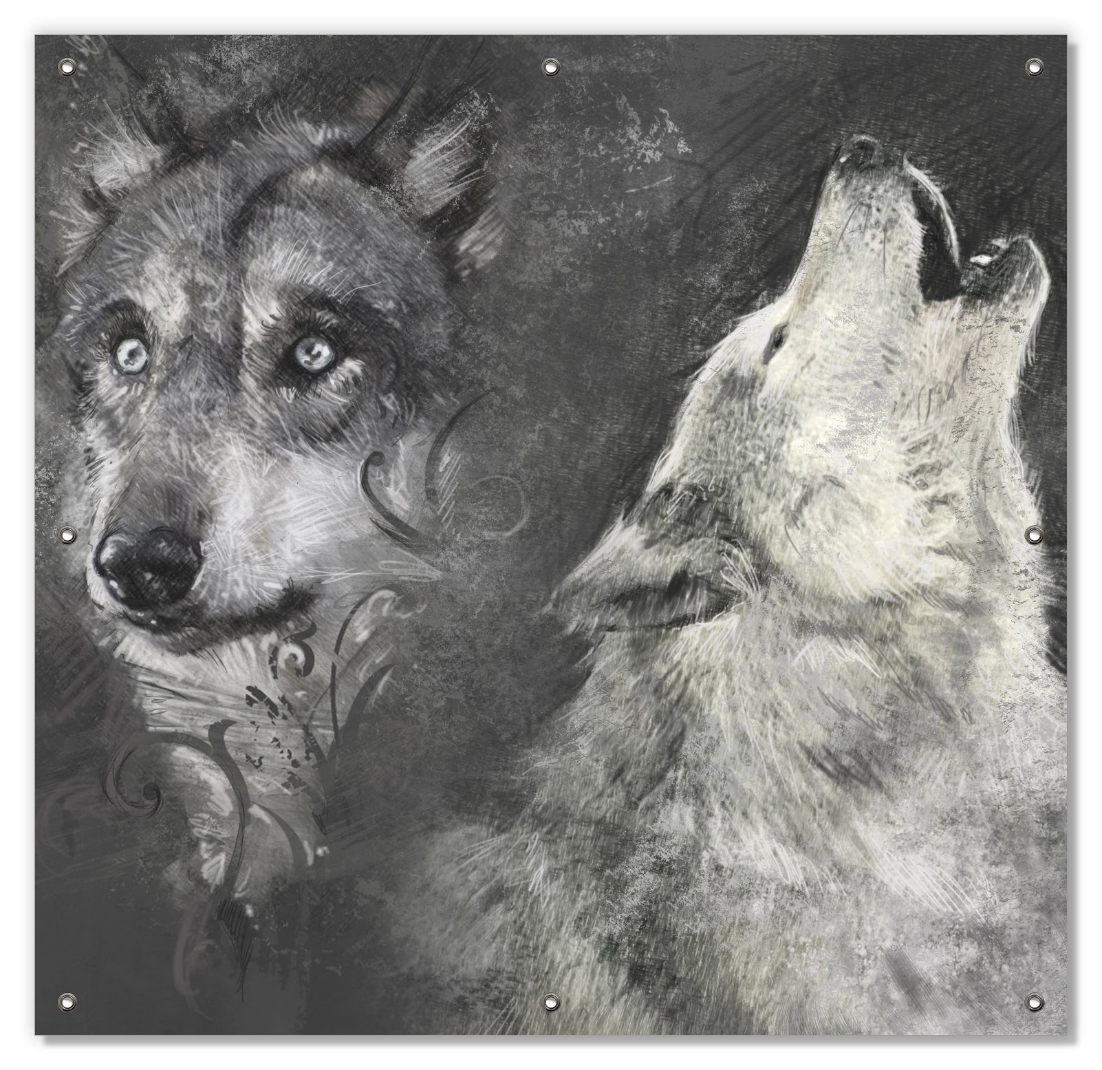 Sonnenschutz Zeichnung von Wölfen, Wallario, blickdicht, mit Saugnäpfen, wiederablösbar und wiederverwendbar
