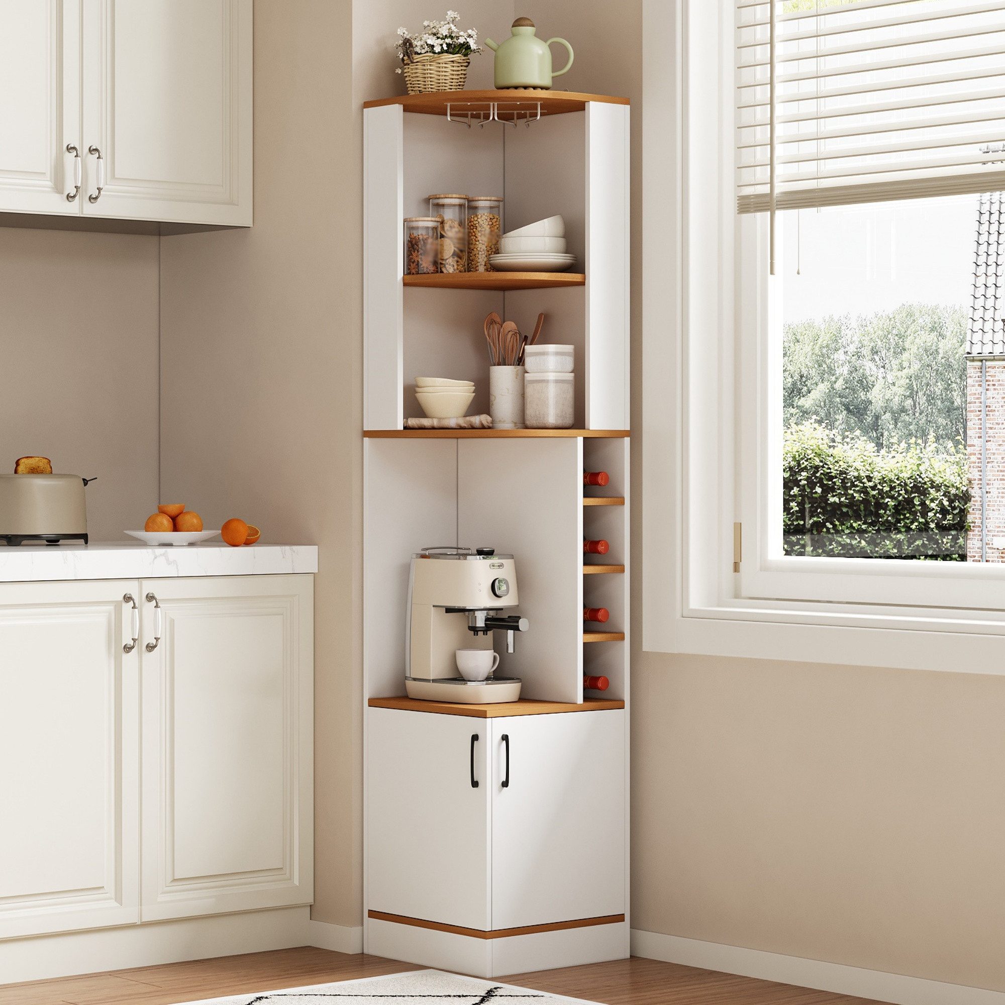 Flieks Eckschrank Hochschrank mit Weinglasregal, Gläserhalter, Ablagen und 2 Türen (40×40×182 cm, 1-St) Mehrzweckschrank Eckregal Küchenschrank Landhausstil Weiß