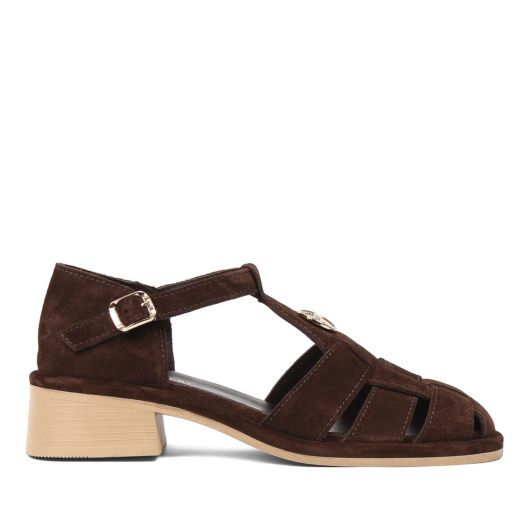Celal Gültekin T-Strap Blockabsatz Knöchelriemen Retro Boho Damen Riemchensandalette Veloursleder, Echtleder-Futter & Decksohle, Braun, 38