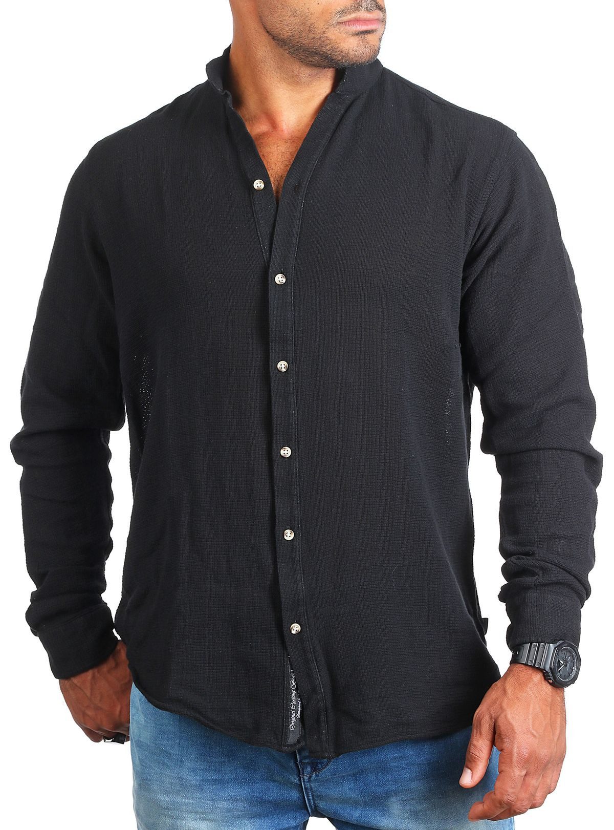 Langarmhemd Herren Sommer Hemd trendig luftig grob gewebt retro Look 9171/8567