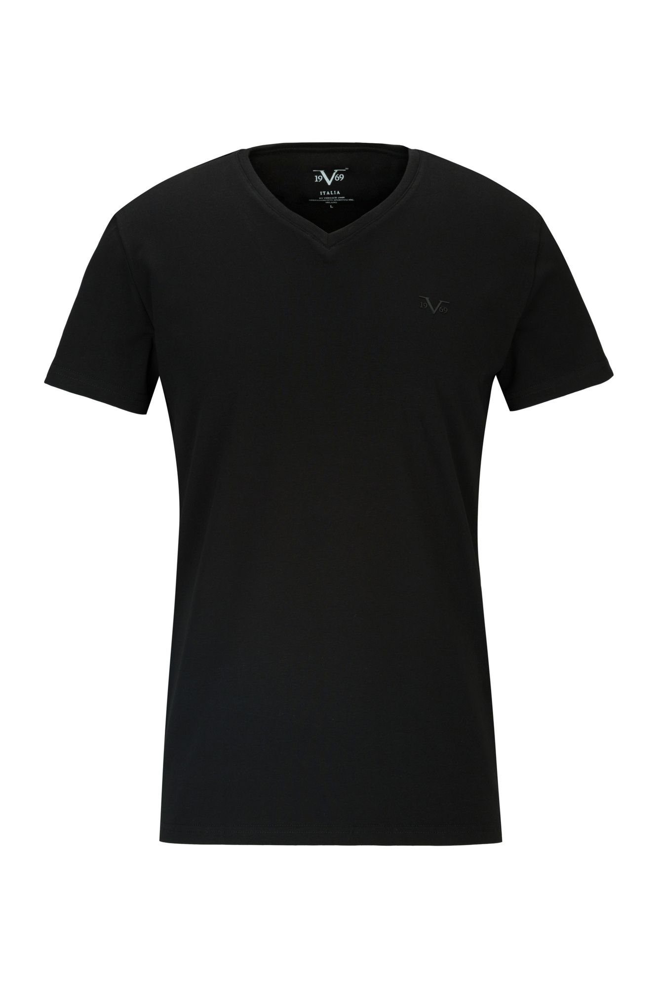 19V69 Italia by Versace Kurzarm V-Ausschnitt Ton-in-Ton auf kleinem mit mit Logo einem der für Unterziehshirt Herren Brust Unterhemd T-Shirt schwarz