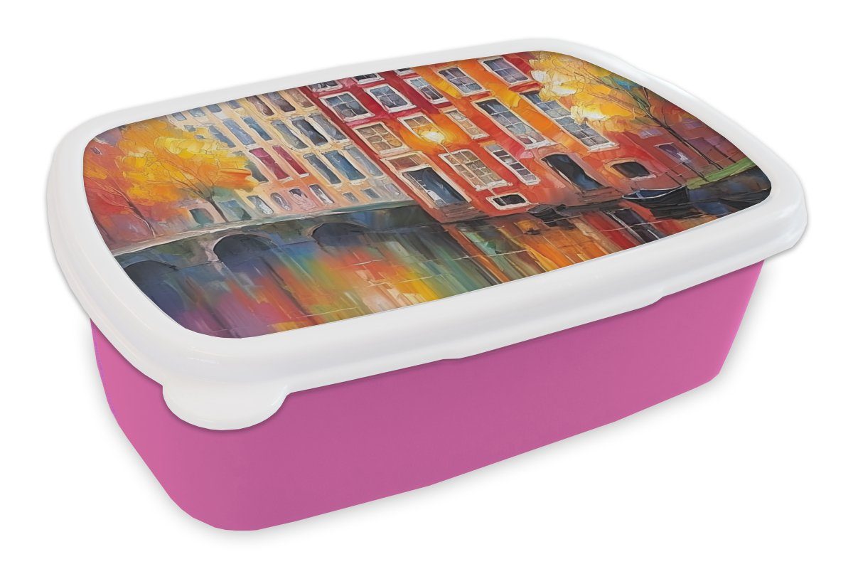 MuchoWow Lunchbox Grachtenhäuser - Snackbox, Malerei Brotdose - Amsterdam, - Kinder, rosa für Mädchen, (2-tlg), Kunststoff, Brotbox Kunststoff Erwachsene, Kunst