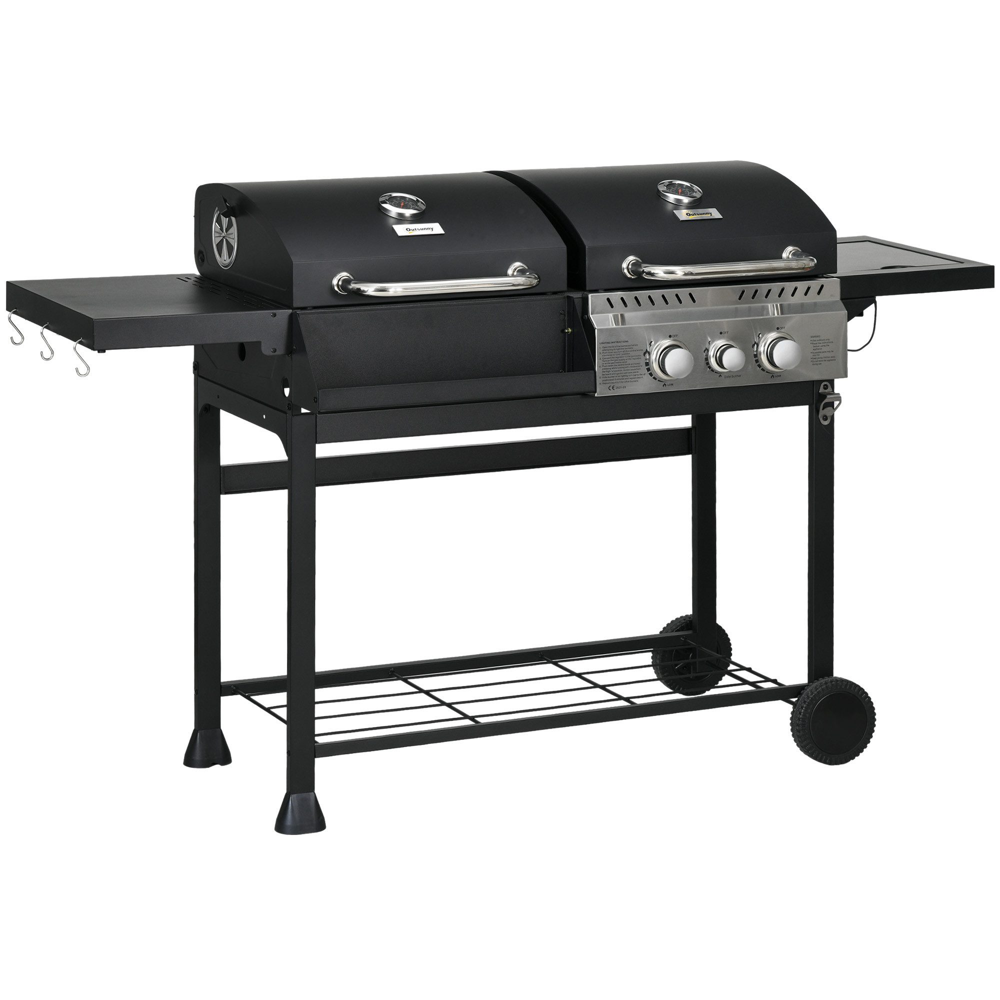 Outsunny Gasgrill Grillwagen mit 2+1 Brenner, Thermometer, 3kW BBQ, Holzkohlgrill, Campinggrill, für Garten, Balkon, Schwarz – Bild 2 von 5