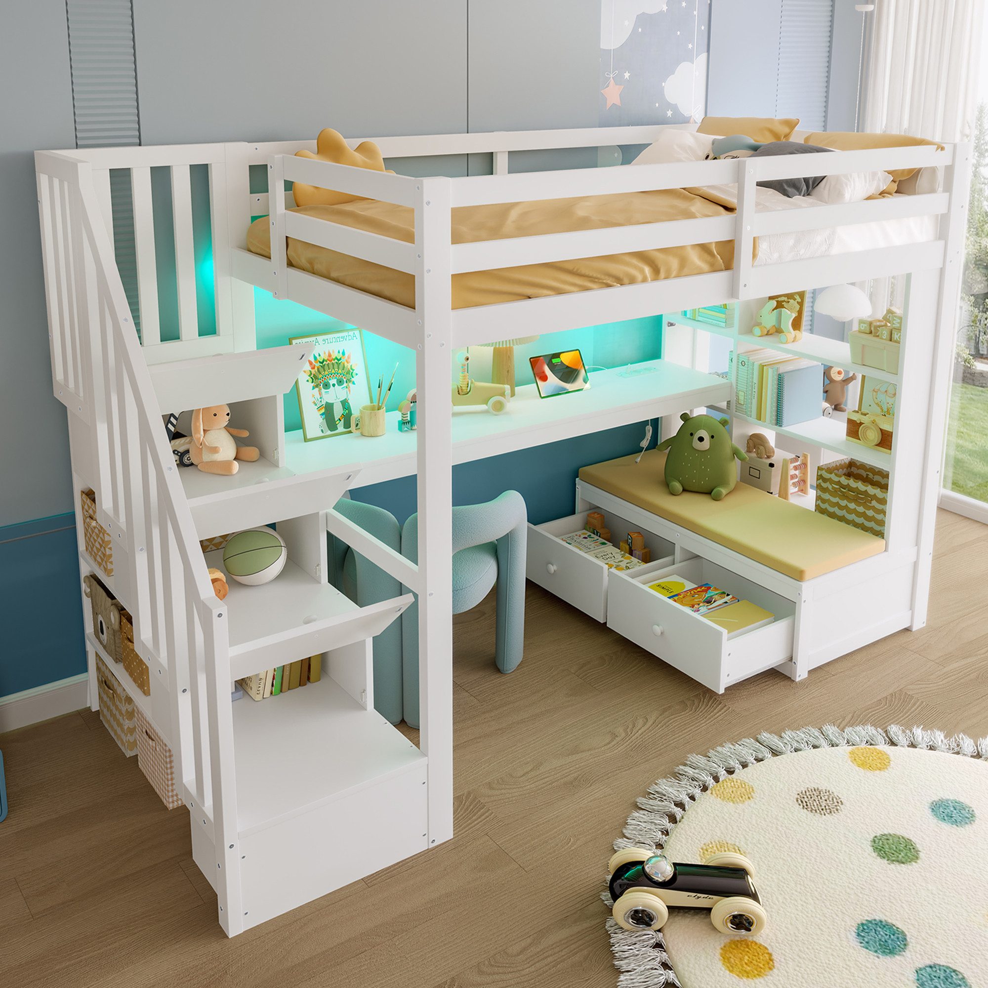 Flieks Hochbett Kinderbett 90x200cm mit LED, Stauraumtreppe, Schreibtisch, Schubladen