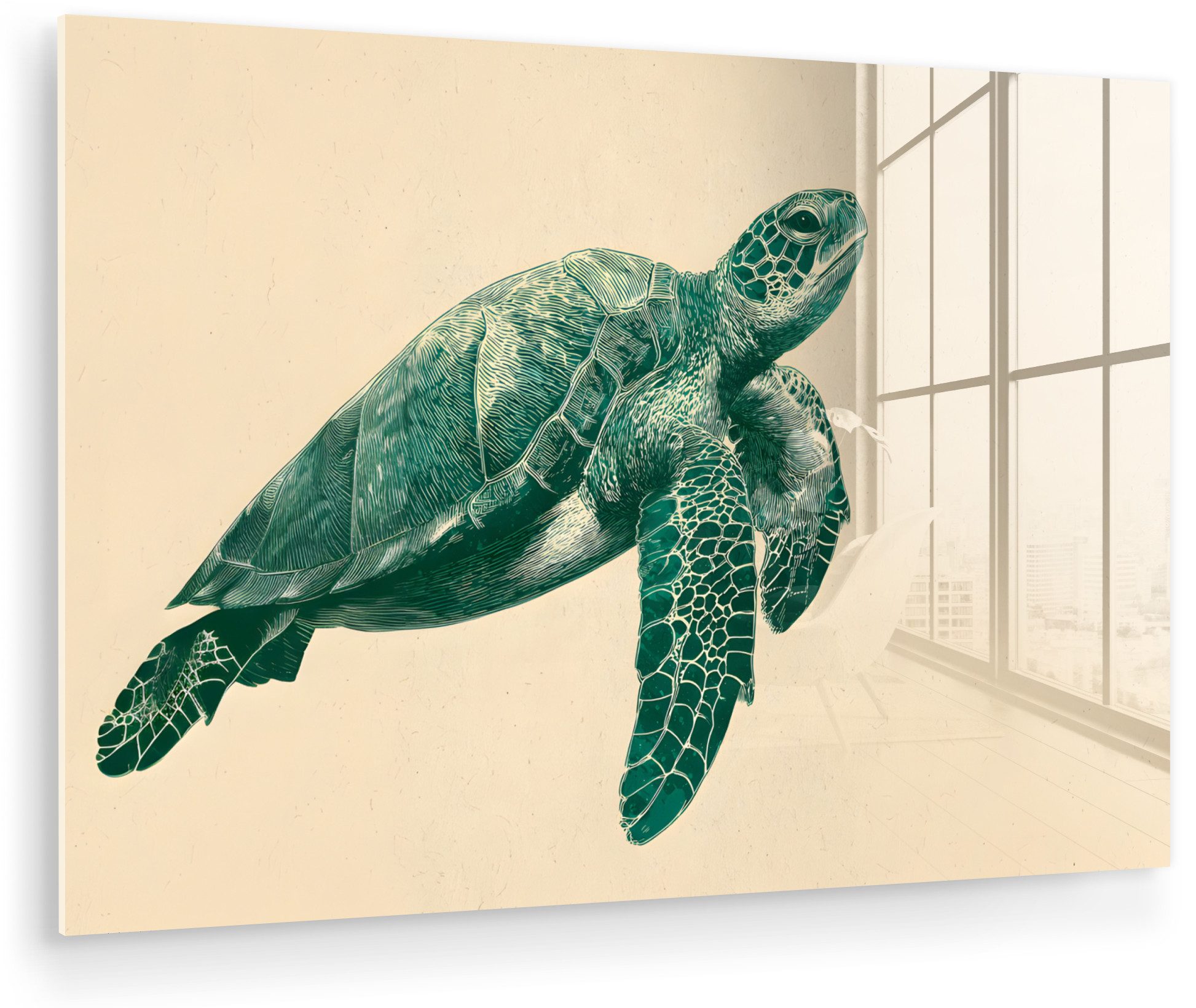 MuchoWow Acrylglasbild Schildkröte - Elegant - Grün - Schild, Inkl. Aufhängung, Glasbilder Wohnzimmer, Schlafzimmer, Flur & Esszimmer, 30x20 cm