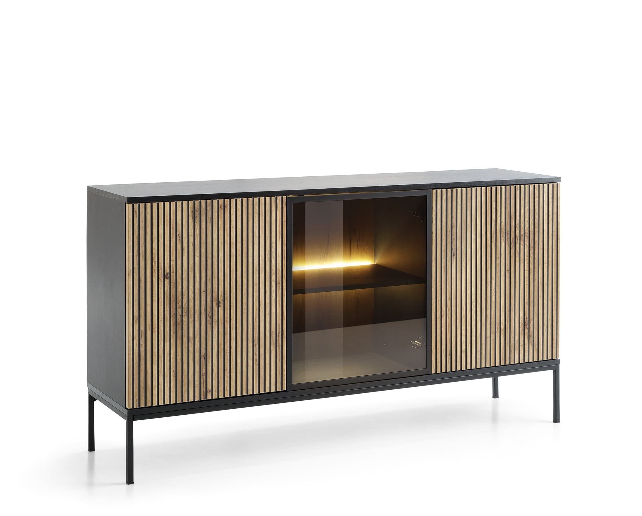 MOEBLO Sideboard Sentino S154 LED (Sideboard Wohnzimmer Kommode Schlafzimmer Komodenschrank Highboard, mit gefräster Front und LED-Beleuchtung), (HxBxT):83x154x39 cm