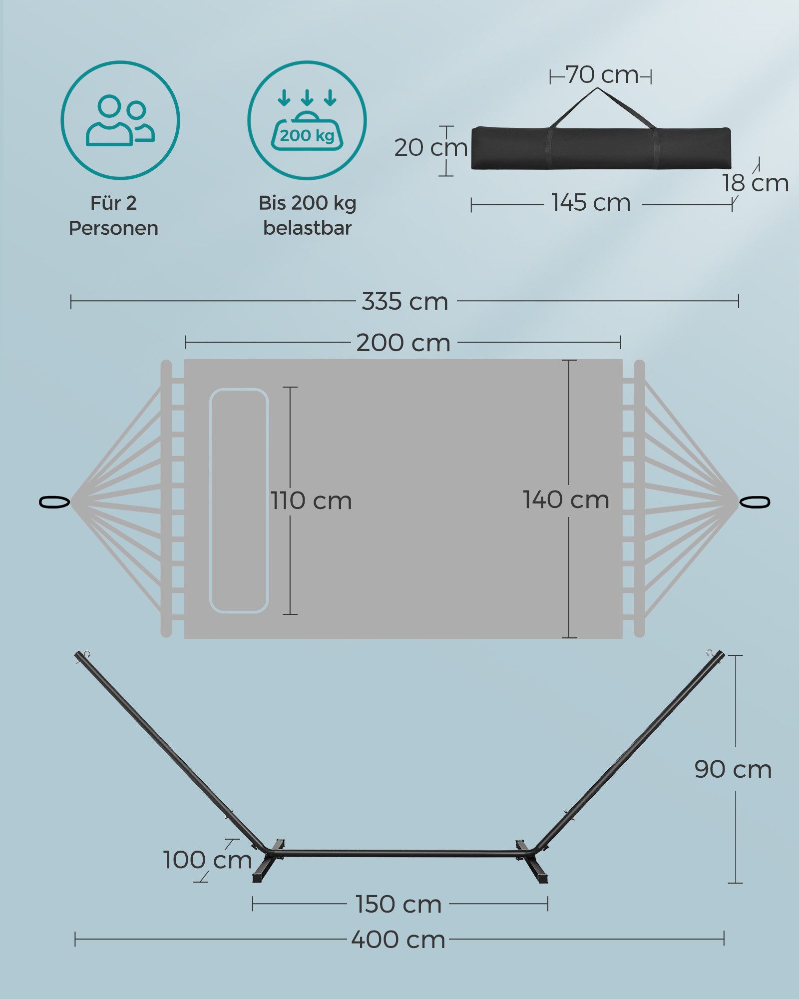 SONGMICS Hängematte, mit Gestell, Kissen, bis 200 kg belastbar, 200 x 140 cm (L x B)