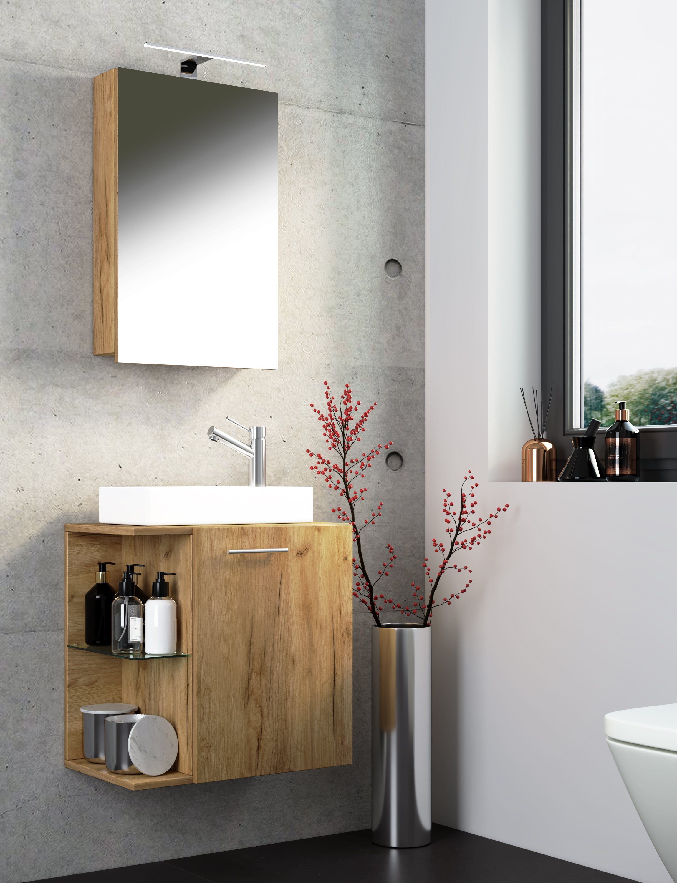 VCM Badmöbel-Set 3 teilig Badmöbel Gäste WC Waschtisch Hausa, (Komplett-Set, 3-St., 1x Unterschrank 1x Waschbecken 1x Spiegelschrank)