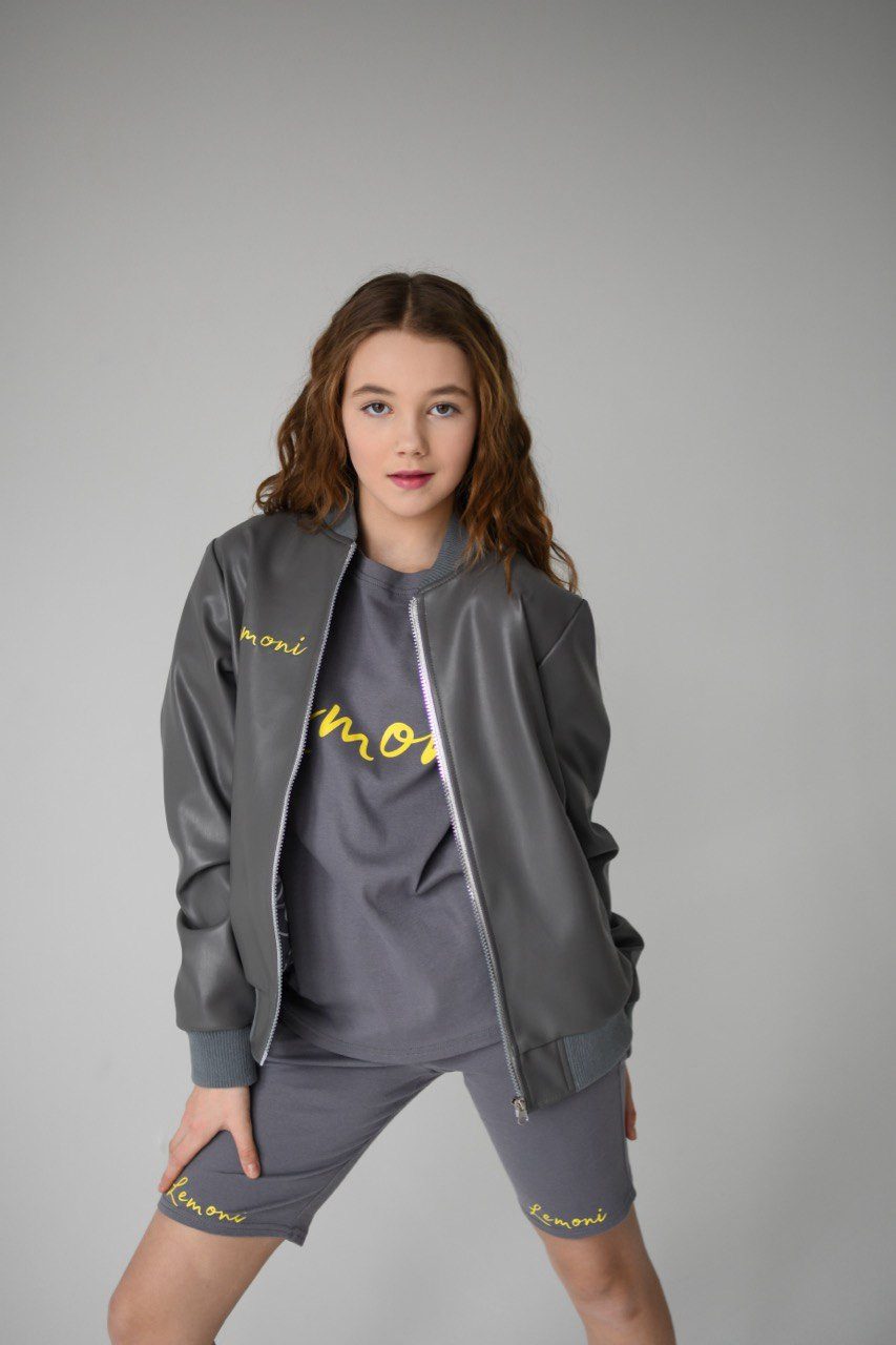 LEMONI Lederimitatjacke Mädchen Jacke aus Lederimitat mit Lemoni-Stickerei - grau