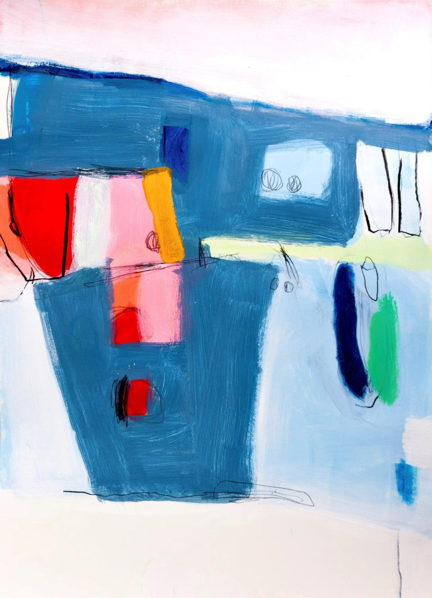 TPFLiving Kunstdruck (OHNE RAHMEN) Poster - Leinwand - Wandbild, Mid Century Modern in Blau und Pink Akzent Abstrakte Leinwand (Leinwandbild XXL), Farben: Blau, Rosa, Rot, Gelb, Grün, Weiß -Größe: 20x30cm