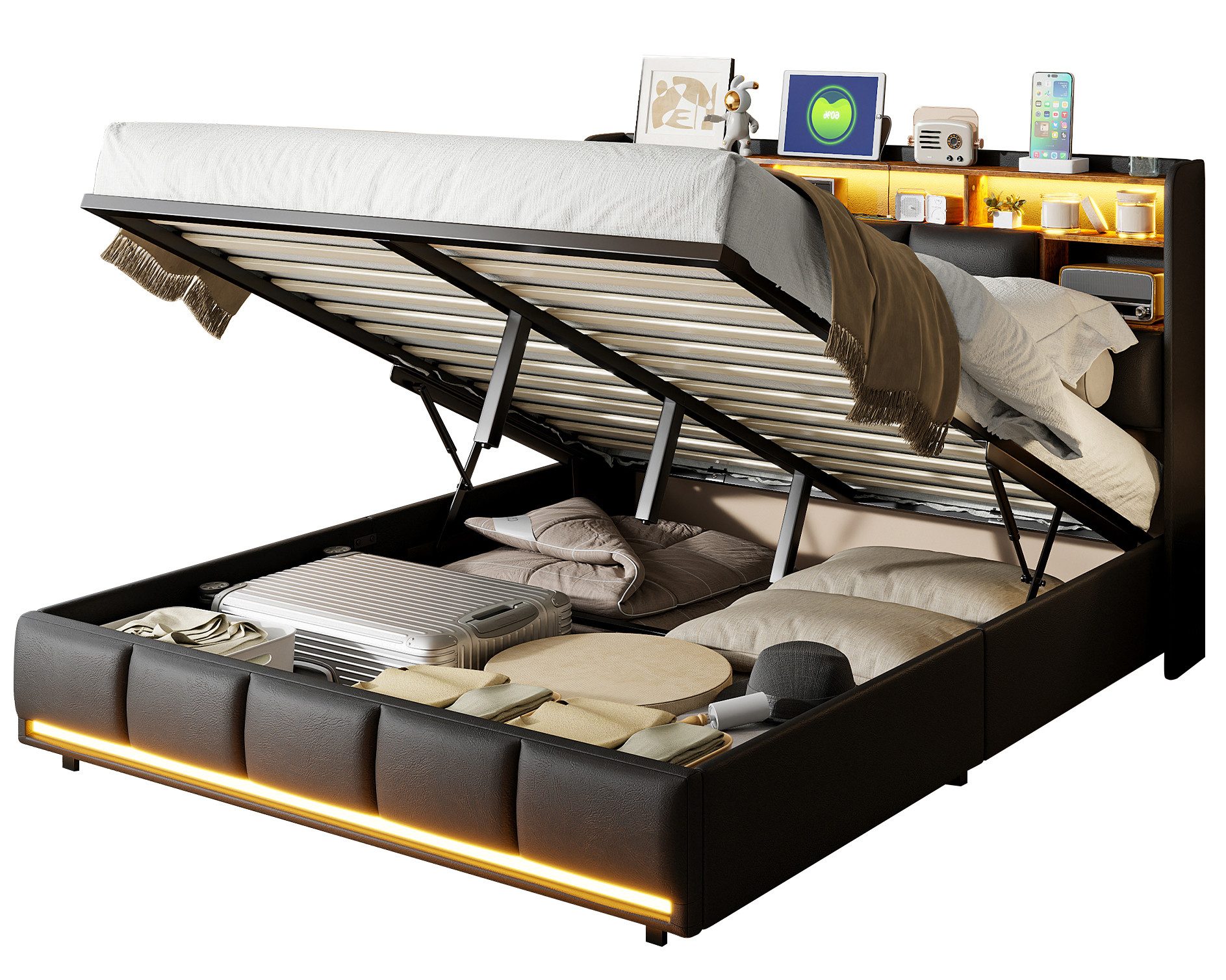 FUROKOY Polsterbett Doppelbett Stauraumbett Hydraulisch anhebbarer, 140x200 günstig online kaufen