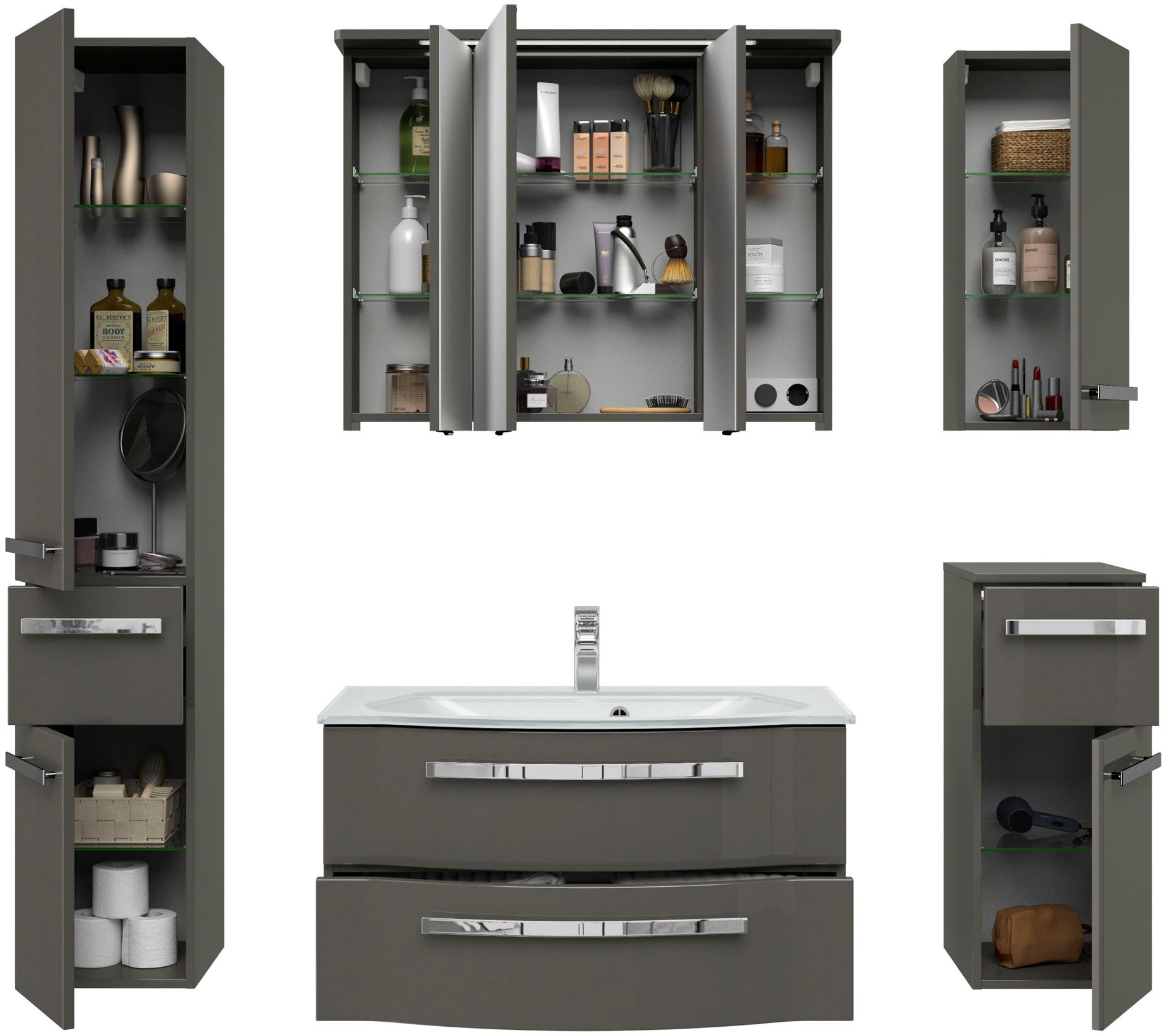 Saphir Badmöbel-Set Serie 4005, vormontiert, Glaswaschbecken, Spiegelschrank, (Set, 6-St), Badezimmer-Set mit Unterschrank, Hängeschrank, Hochschrank, Türdämpfer