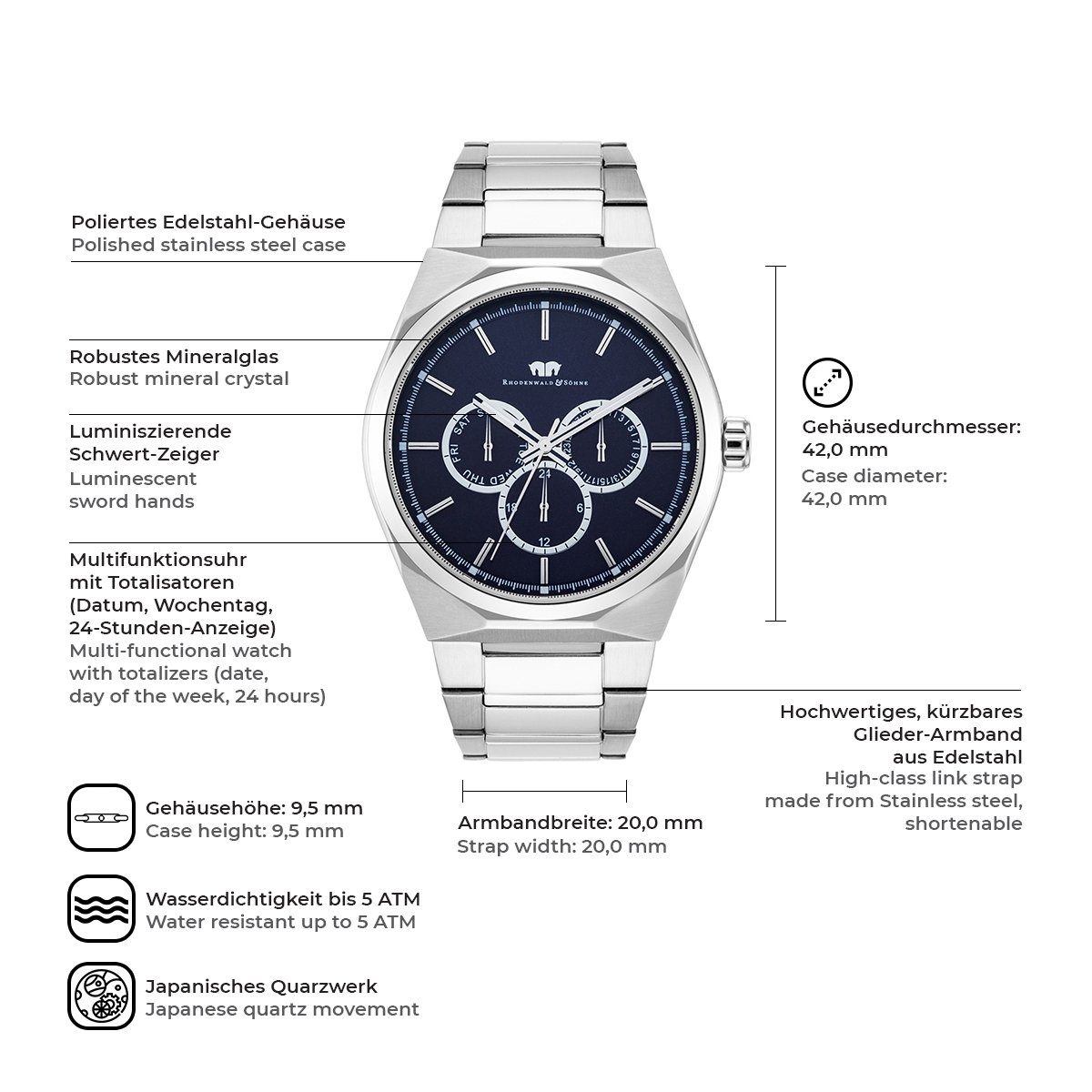 Rhodenwald & Söhne Multifunktionsuhr Cooledge silber, aus Edelstahl günstig online kaufen