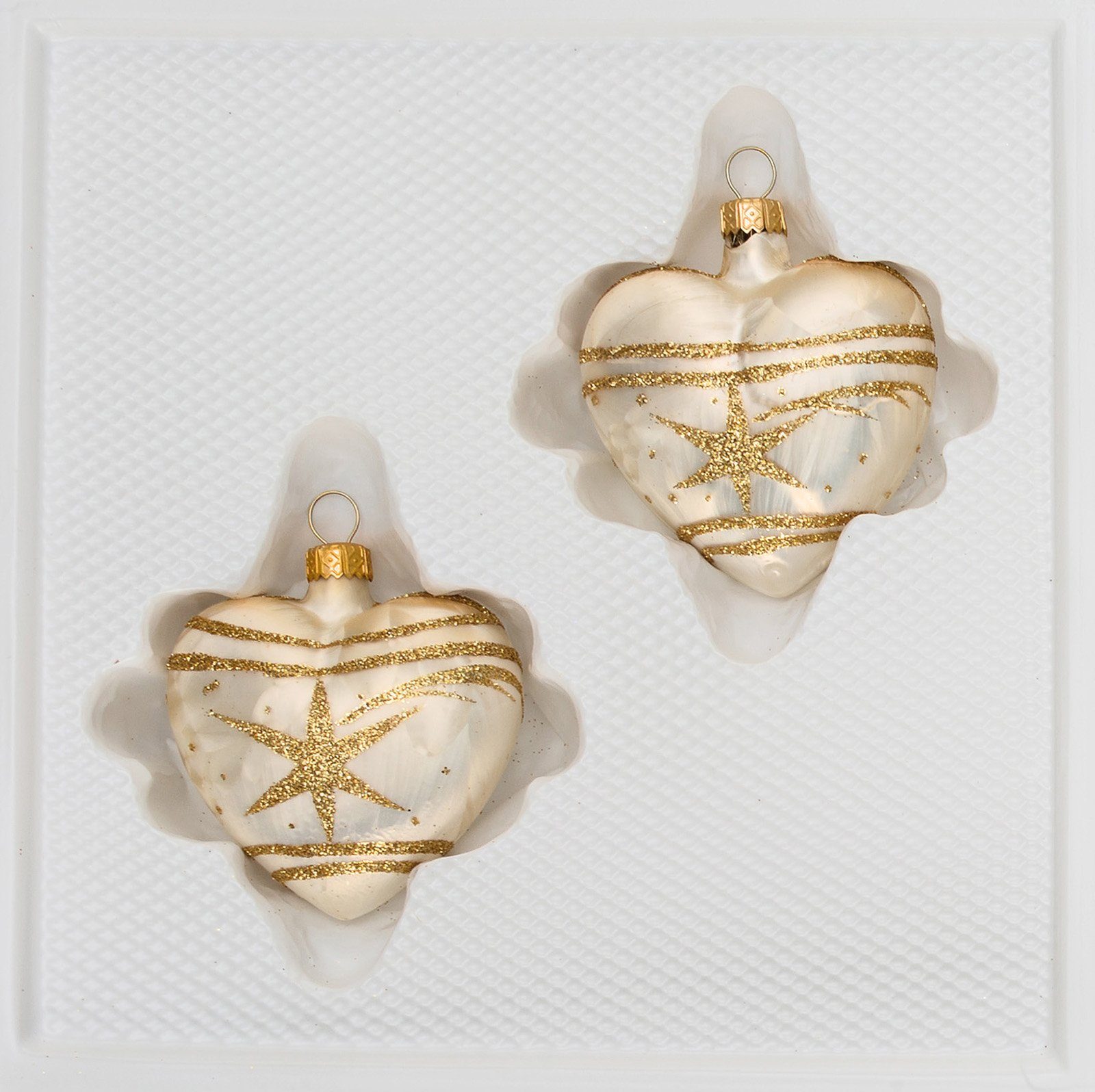 Navidacio Christbaumschmuck 2 tlg. Glas-Herzen Set in "Ice Champagner Gold" Komet