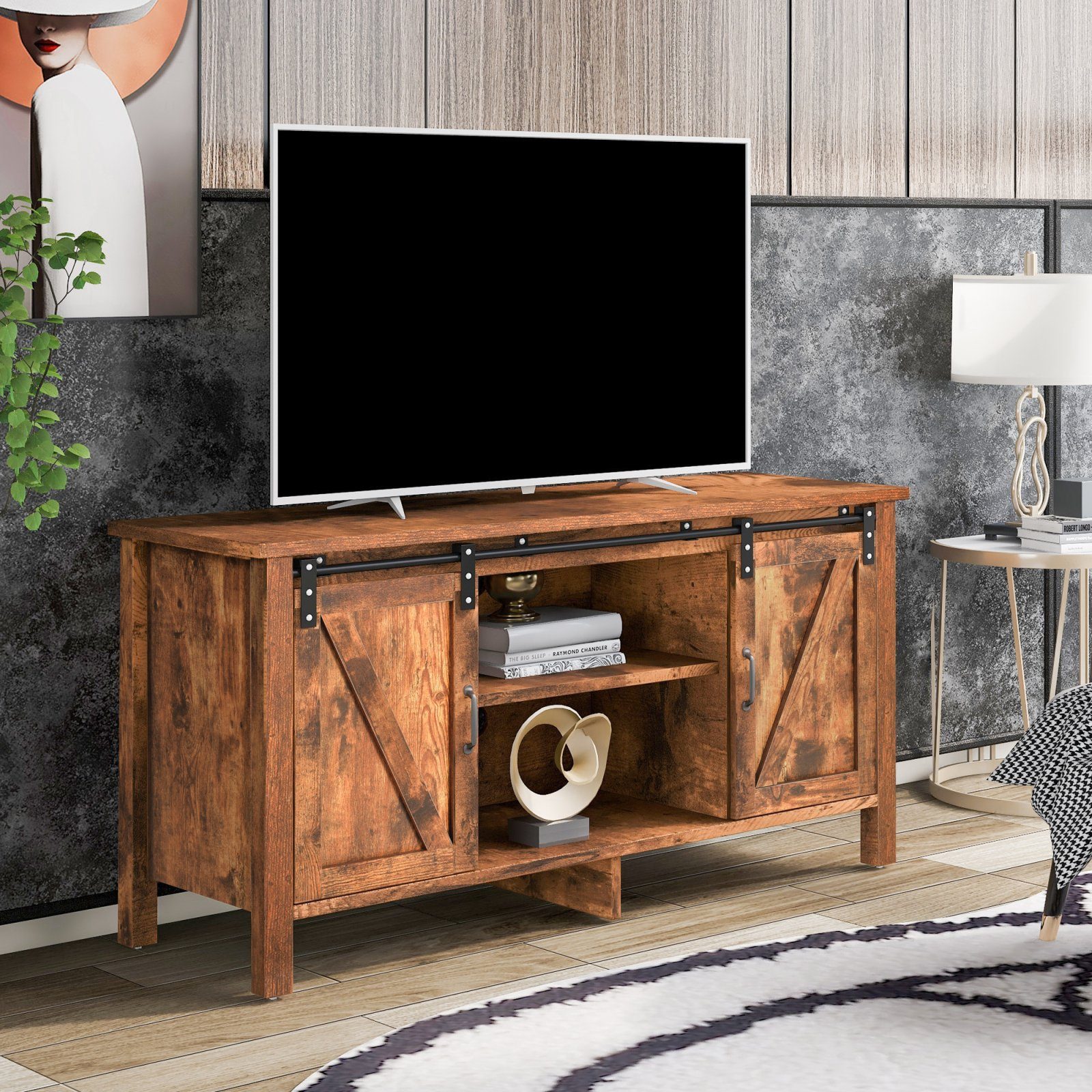 SEEZSSA TV-Schrank Vintage Schiebetüren TV-Ständer, Sideboard Holz, 2 Ablage mit und Küchenschrank, Verstellbare Aufbewahrungsschrank Beistellschrank