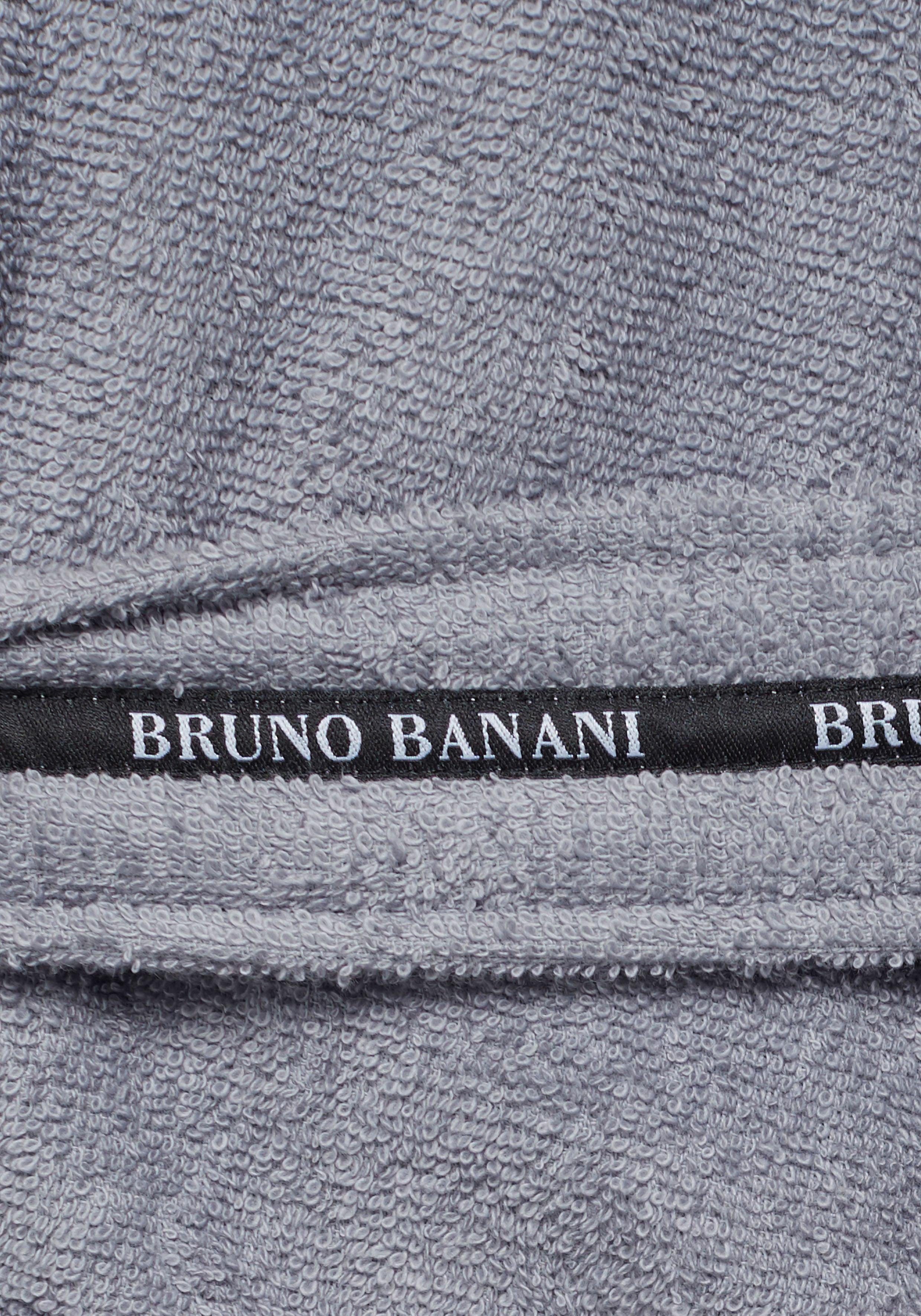 Bruno Banani Herrenbademantel »Danny«, aus Gürtel, Langform, Herren Logostreifen, 100% mit Kapuze, Bademantel Baumwolle, grau S-4XL Walkfrottee