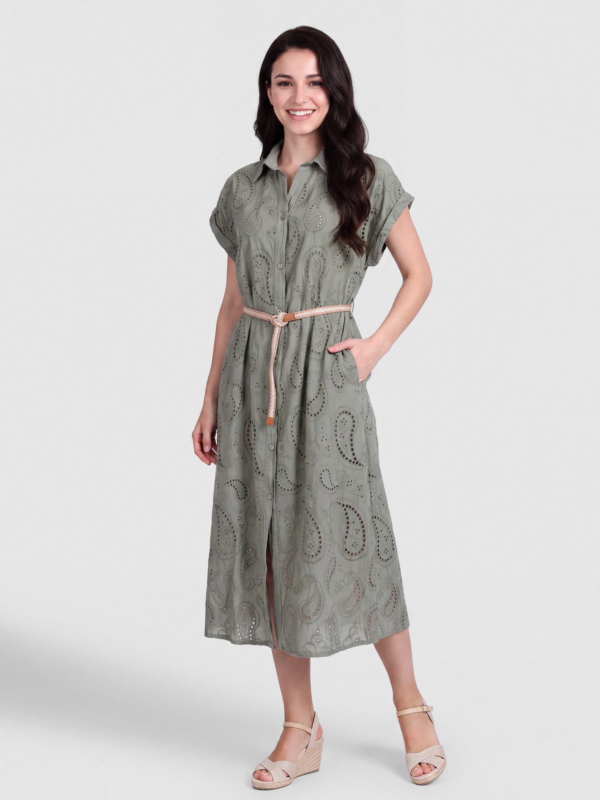PEKIVESSA Sommerkleid Hemdblusenkleid mit Lochstickerei und Gürtel in Midilänge