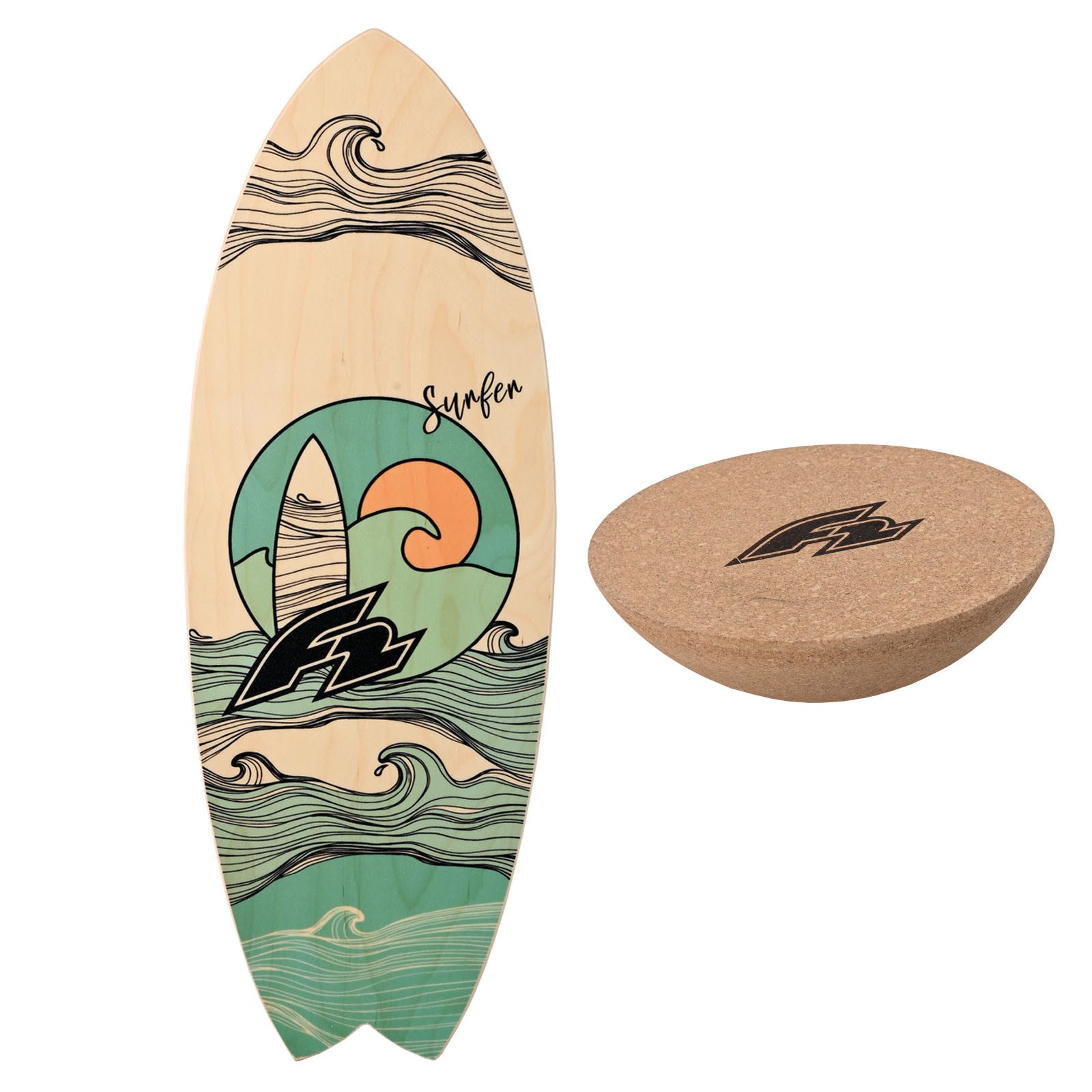 F2 Balanceboard F2 Set Balance Board Surfer 87x32cm mit Kork Halbkugel