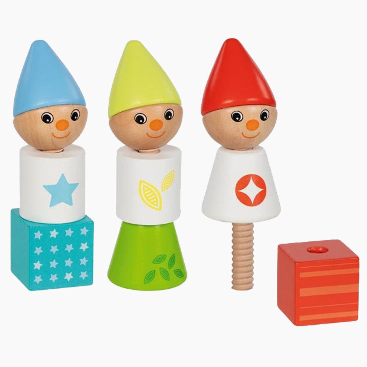 goki Lernspielzeug Schraubklötze Zwerge (packung, 12-St), bestehend aus 12 farbenfrohen Holzklötzen