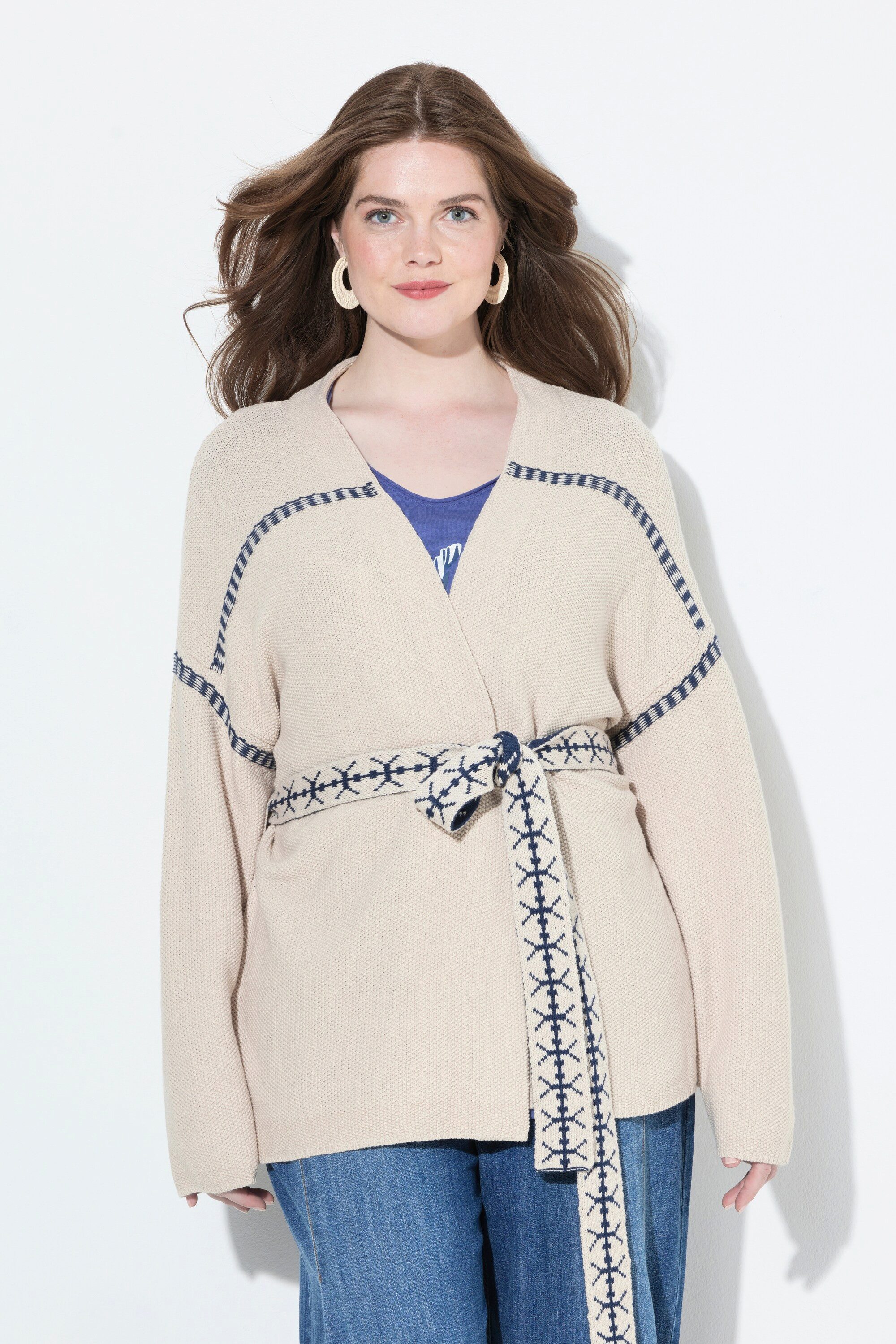 Strickjacke Strickjacke Zierstreifen Oversized Bindegürtel