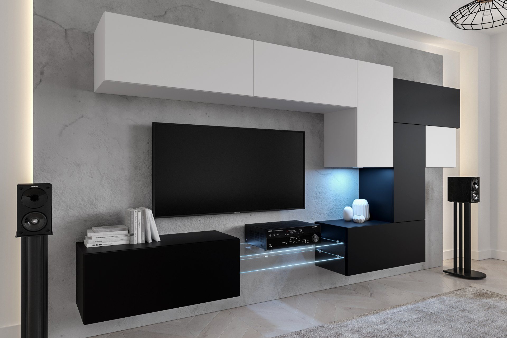 ROYAL24_MARKT Wohnwand - Moderne Wohnzimmer Wohnwand in Premium-Qualität, (Komplett Set, 10-St., NovaStyle), Elegantes Design - Beleuchtung - Qualität und Innovation Weiß-Schwarz - Matt