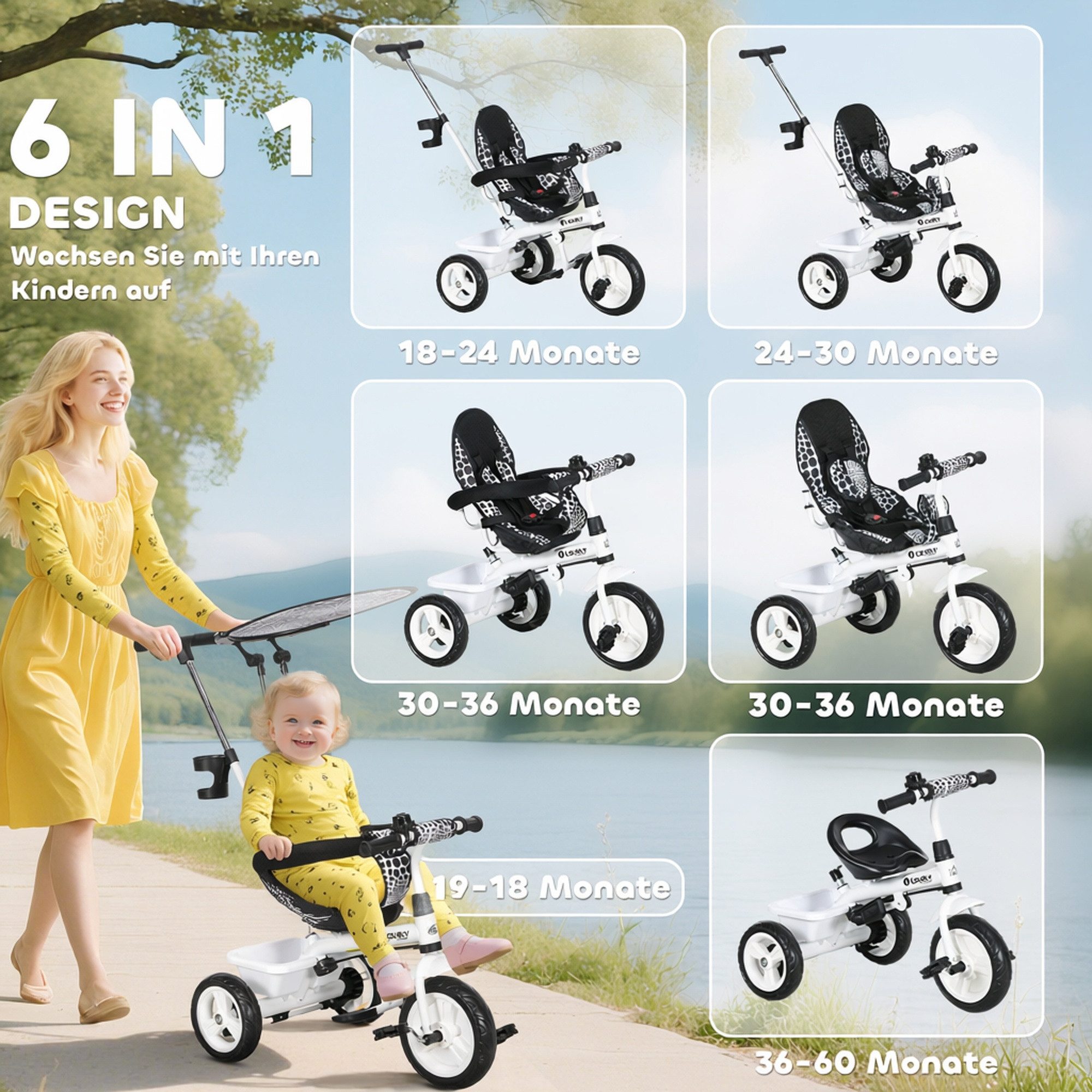 HOMCOM Dreirad 6-in-1 mit Schubstange Kinderdreirad mit abnehmbarem Sonnendach, für 12-60 Monate, Weiß – Bild 5 von 5