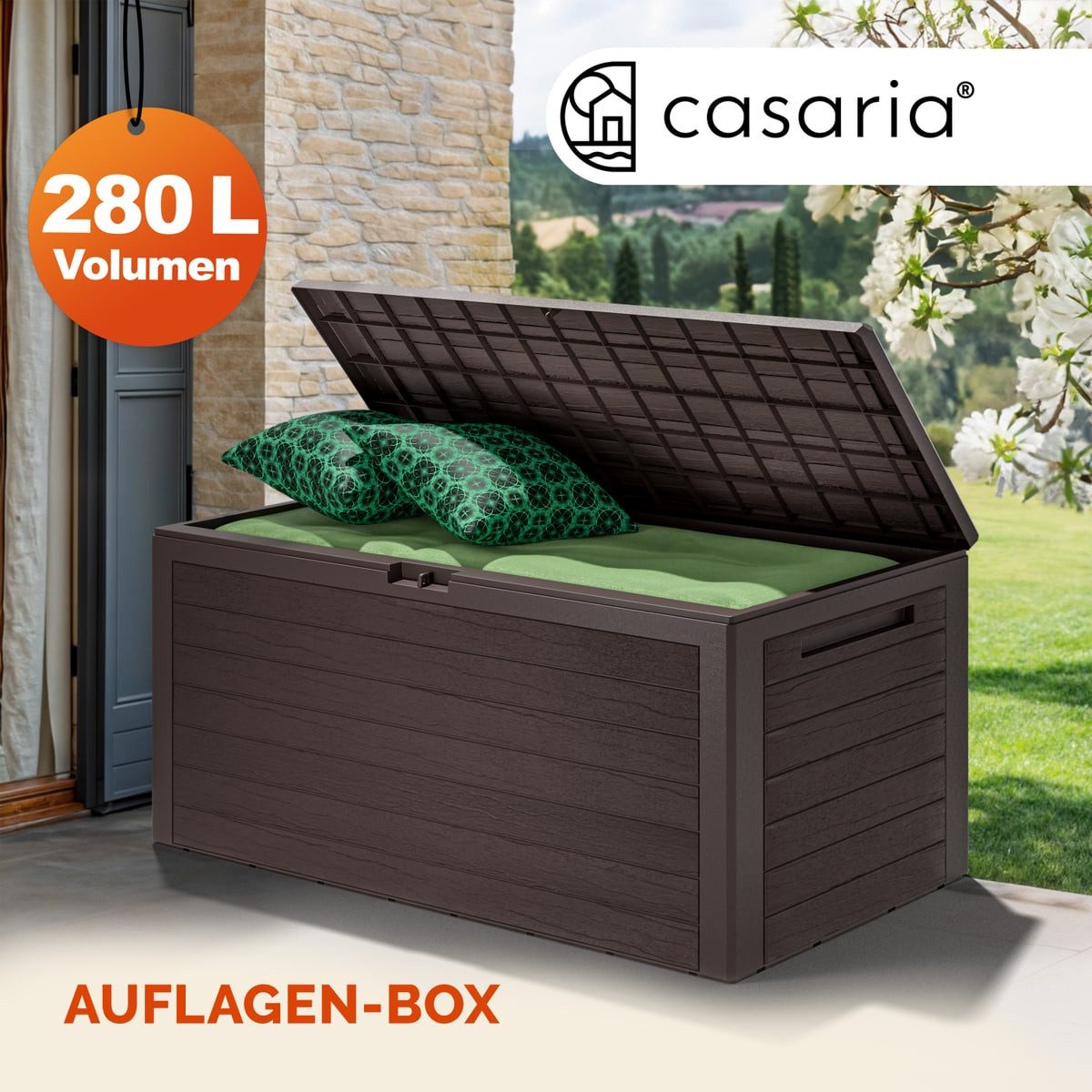 Thumbnail - Casaria Auflagenbox Woody, 280L UV-beständig Griffmulden Verschließbar Balkon Holz-Optik Braun