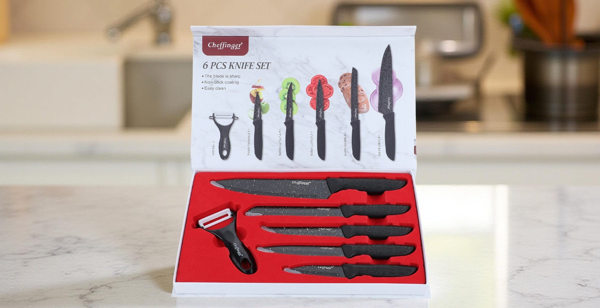 Cheffinger Messer-Set mit Schäler in Schwarz - vielseitig & ergonomisch, 6-teilig (6-tlg), Edelstahl, 6-teilig – Bild 3 von 3