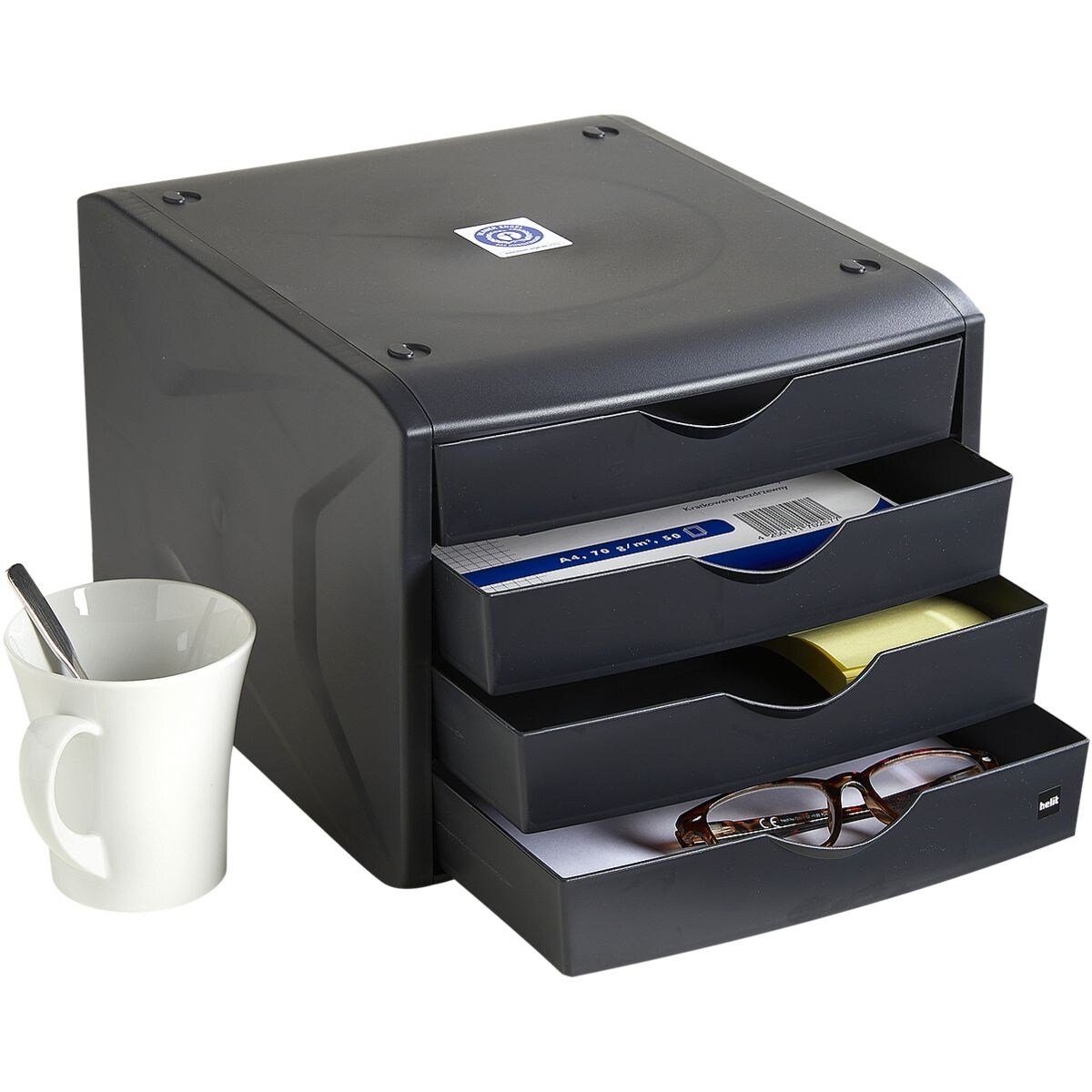 HELIT Schubladenbox the green chameleon, mit 4 Schubladen, geschlossen, stapelbar, Recycling-Kunststoff