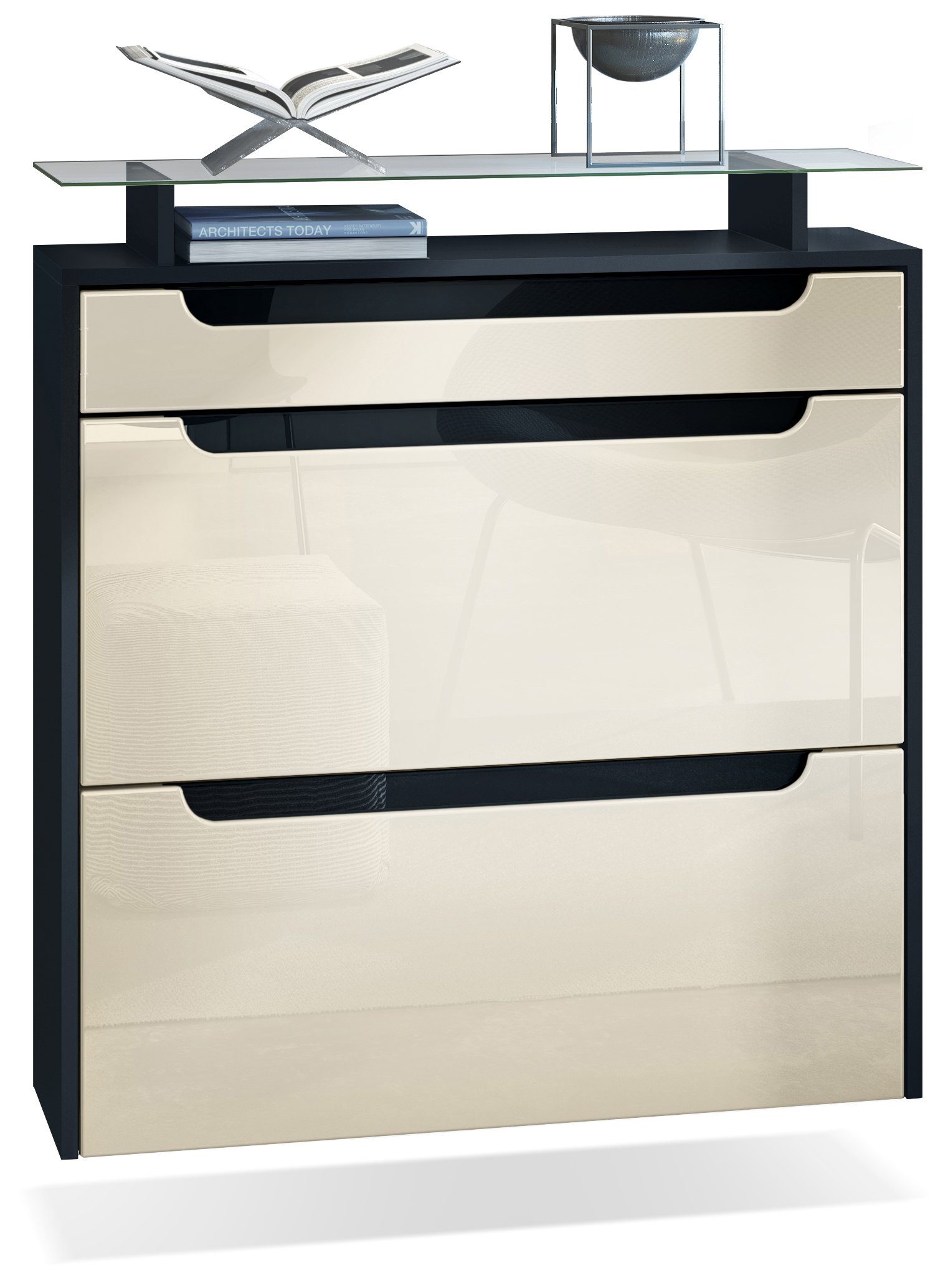 Vladon Schuhschrank Annie (Schuhkipper für 16 Paar Schuhe, mit 2 Klappen, 1 Schublade und Glasablage) Schwarz matt/Creme Hochglanz/Schwarz Hochglanz (89 x 96 x 23 cm). € 207,37