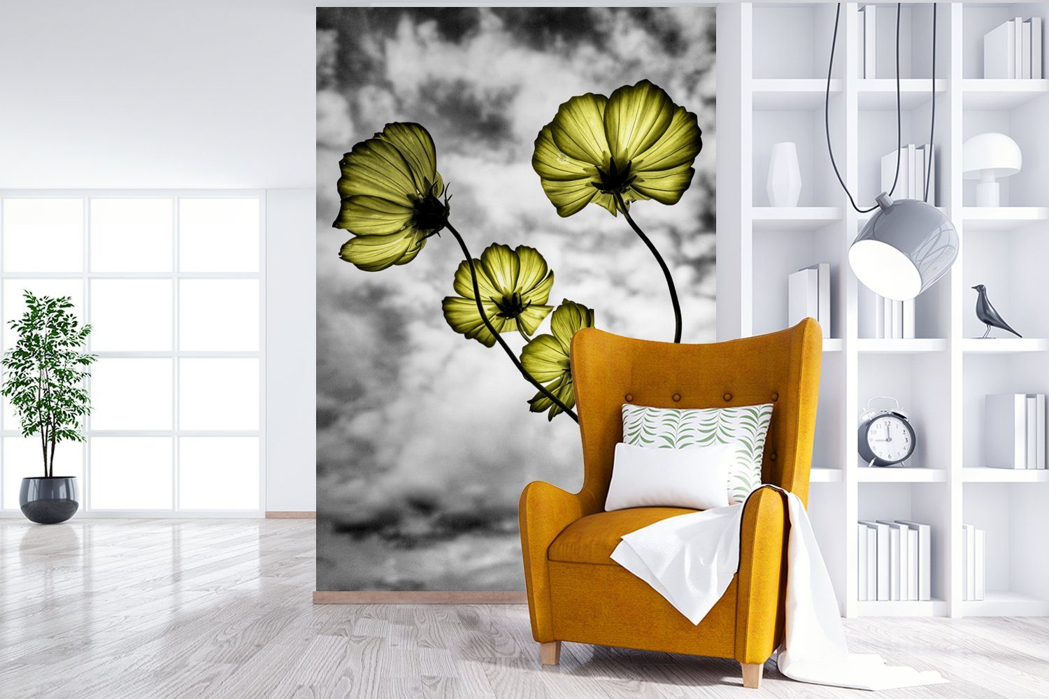 Weiß Tapete - bedruckt, Fototapete St), - Gelb, - (3 Montagefertig Blumen Wohnzimmer, Schwarz Vinyl für MuchoWow Wandtapete Matt,