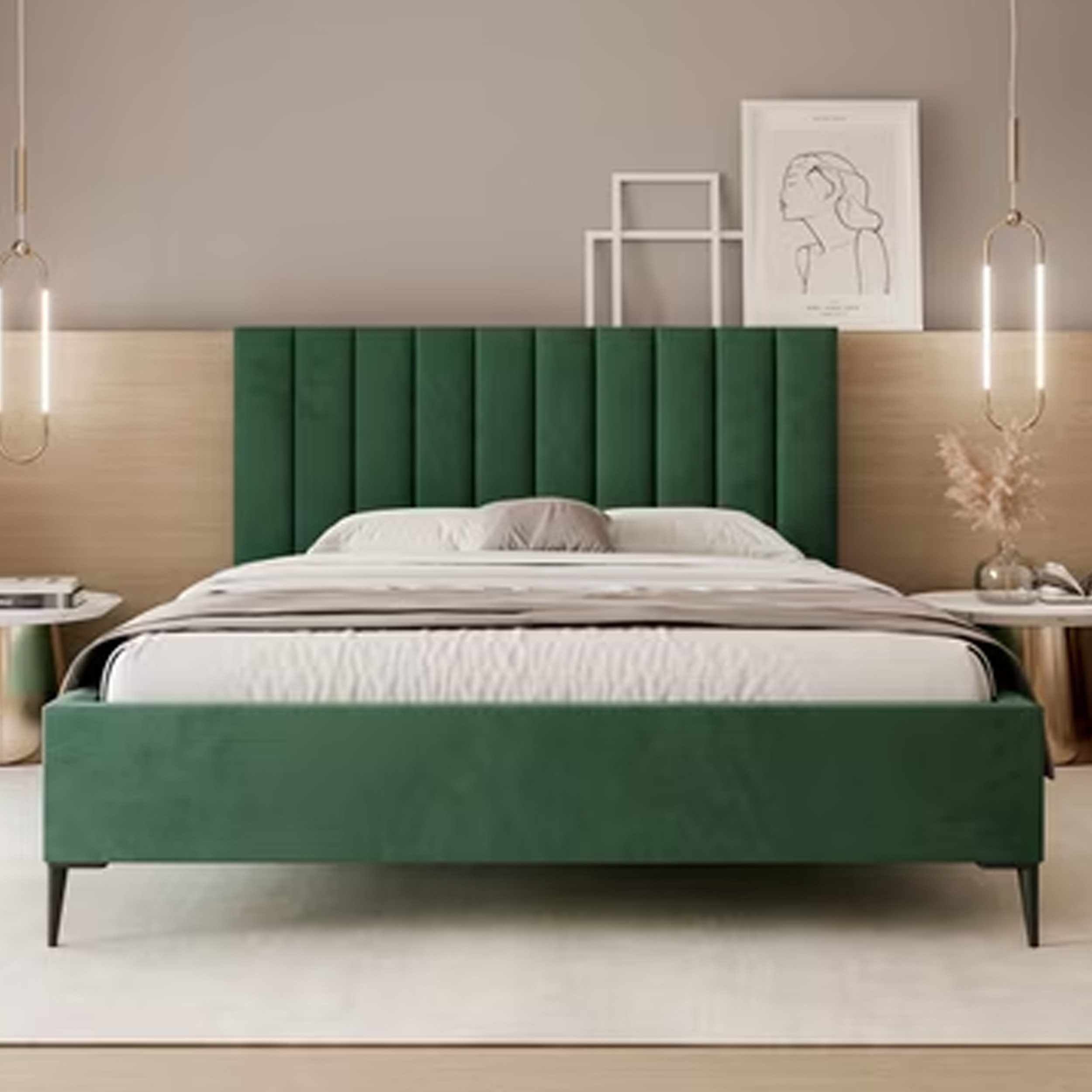 Goldstoff Polsterbett Elegantes Bett "AUREO" mit hohem Kopfteil & Stauraum für Schlafzimmer (120–200x200 cm, Kopfteilhöhe: 90/110 cm, Seitenhöhe: 25/40 cm), Modernes Bett mit Stauraum & gepolstertem Kopfteil in elegantem Design