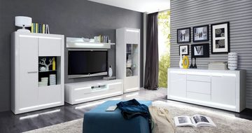 möbel-direkt.de Wohnwand L- Light, (Komplett Set, 4-St., Standvitrine + Hochkommode + Wandboard + TV- Schrank), MDF Hochglanz Fronten, inklusive Beleuchtung