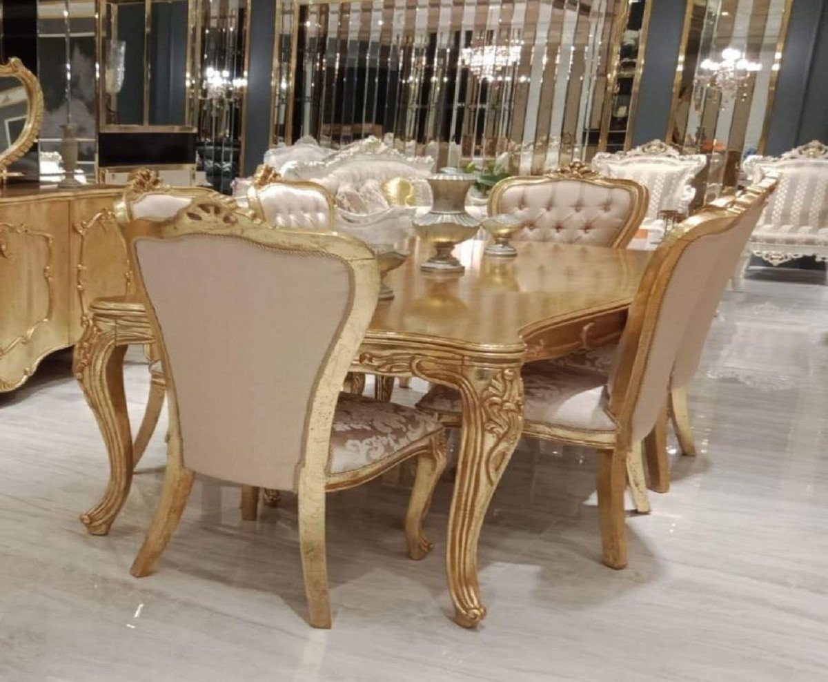 Casa Padrino Esszimmer-Set Luxus Barock Esszimmer Set Rosa / Gold - 1 Barock Esstisch & 6 Barock Esszimmerstühle mit elegantem Muster - Esszimmer Möbel im Barockstil - Edel & Prunkvoll